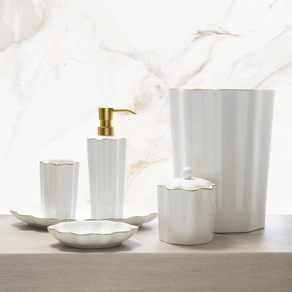 Gold Scalloped Porcelain Bathroom Accessories Set - Elegant Cotton Jar for Soap, Cotton Balls & Bath Essentials | Perfect for Spa, Luxury Bathroom Decor & Gift Giving