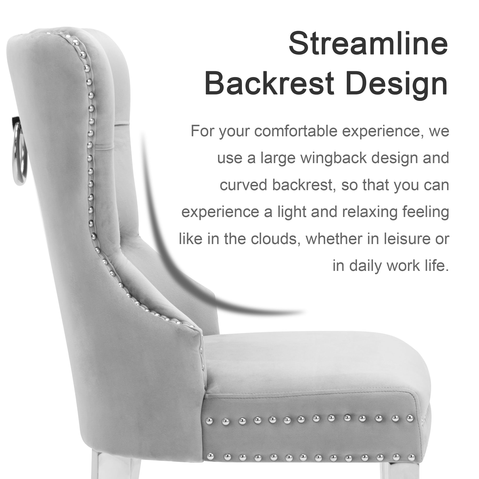 Luxury Velvet Dining Chairs Set of 2 - Tufted Upholstered Modern Dining Room Chairs with Stainless Steel Legs & Ring Pull, Grey - Perfect for Home Dining, Kitchen, Restaurant & Office Decor