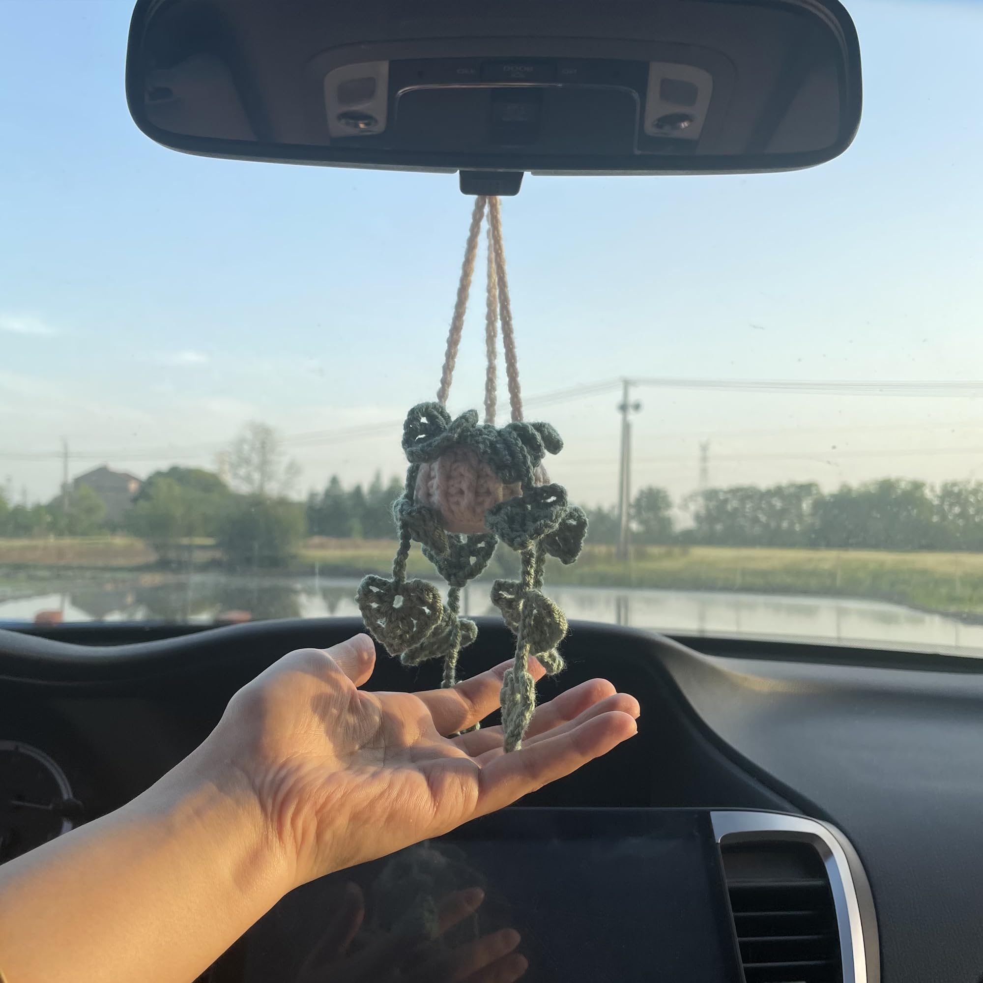 DICHA Crochet Hanging Plant for Car - Aesthetic Car Accessories for Women - Handmade Car Ornaments Charms for Rear View Mirror - Leaf Design - Perfect for Road Trips and Daily Commutes