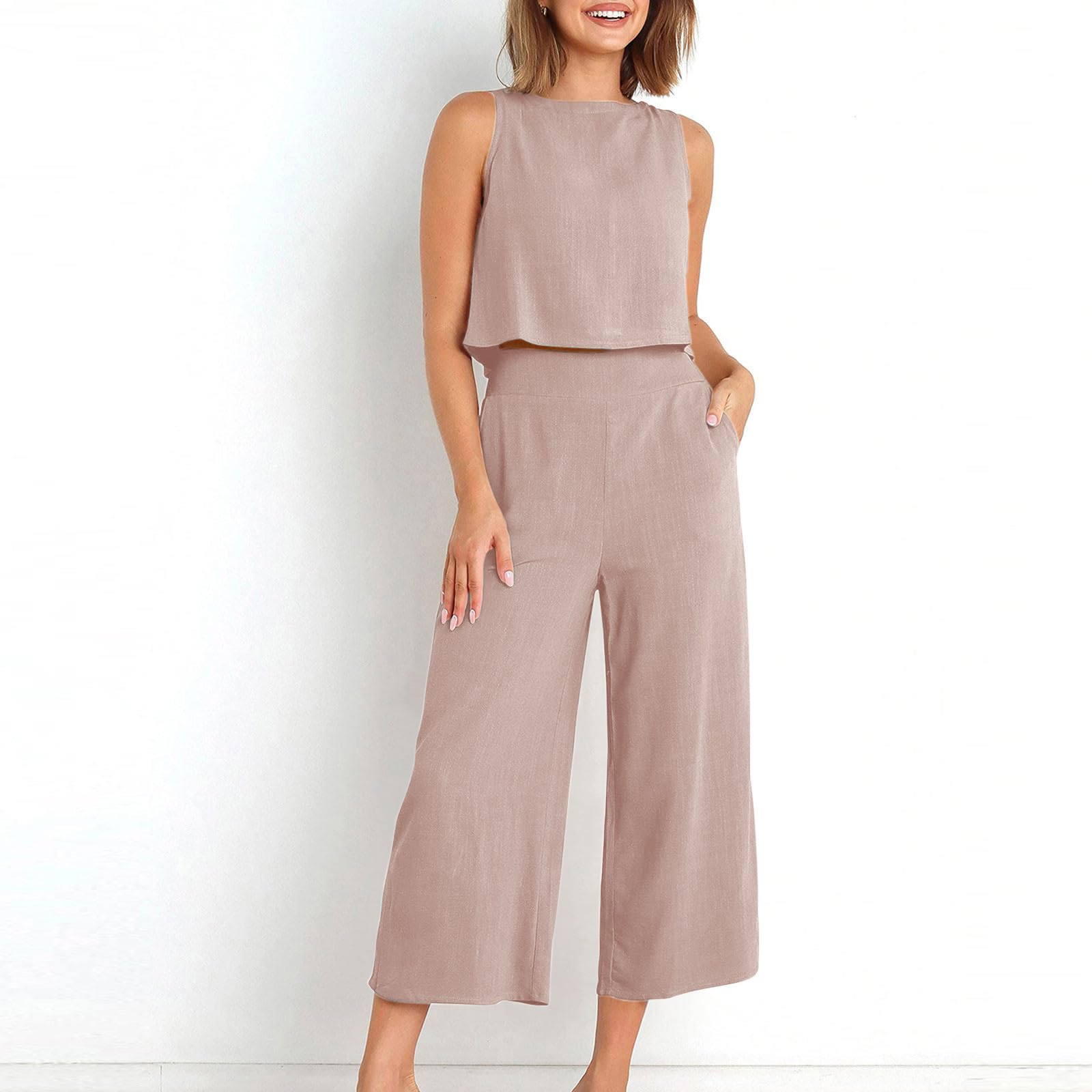 Women's 2-Piece Summer Outfit Set - Linen Crop Top & High Waist Wide Leg Capri Pants | Lounge Wear, Casual Matching Set for Beach, Vacation & Everyday Comfort