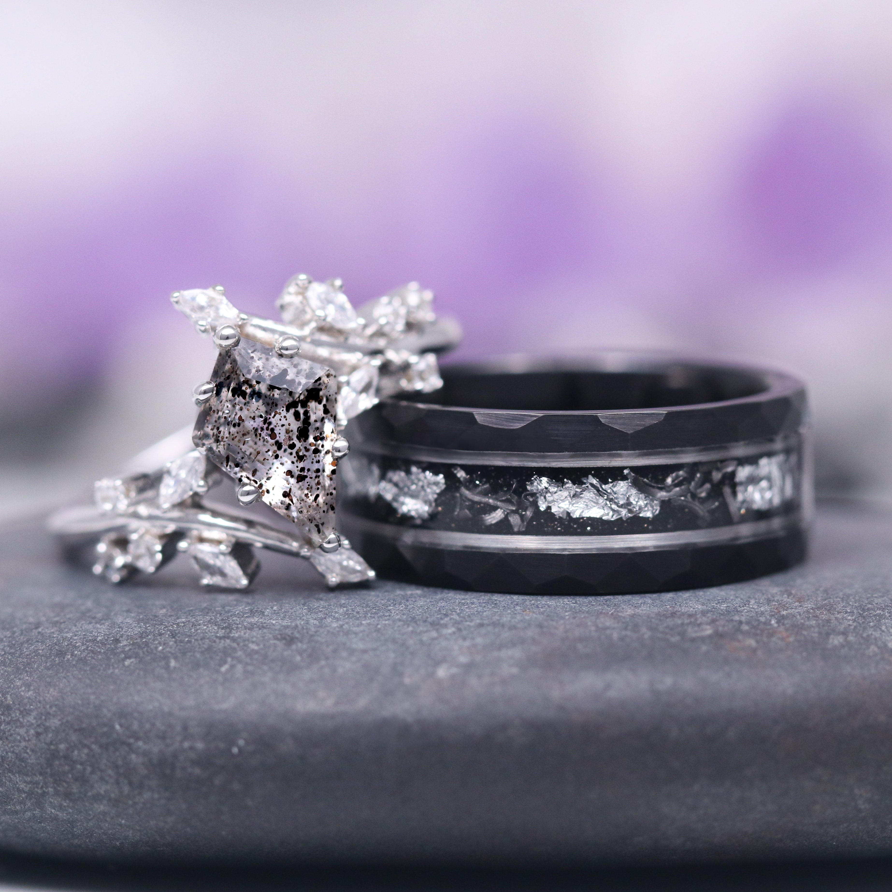 Galaxy Raw Salt & Pepper Herkimer Diamond Leaf Ring - Sterling Silver Jewelry for Women - Perfect for Boho, Nature Lovers & Everyday Wear