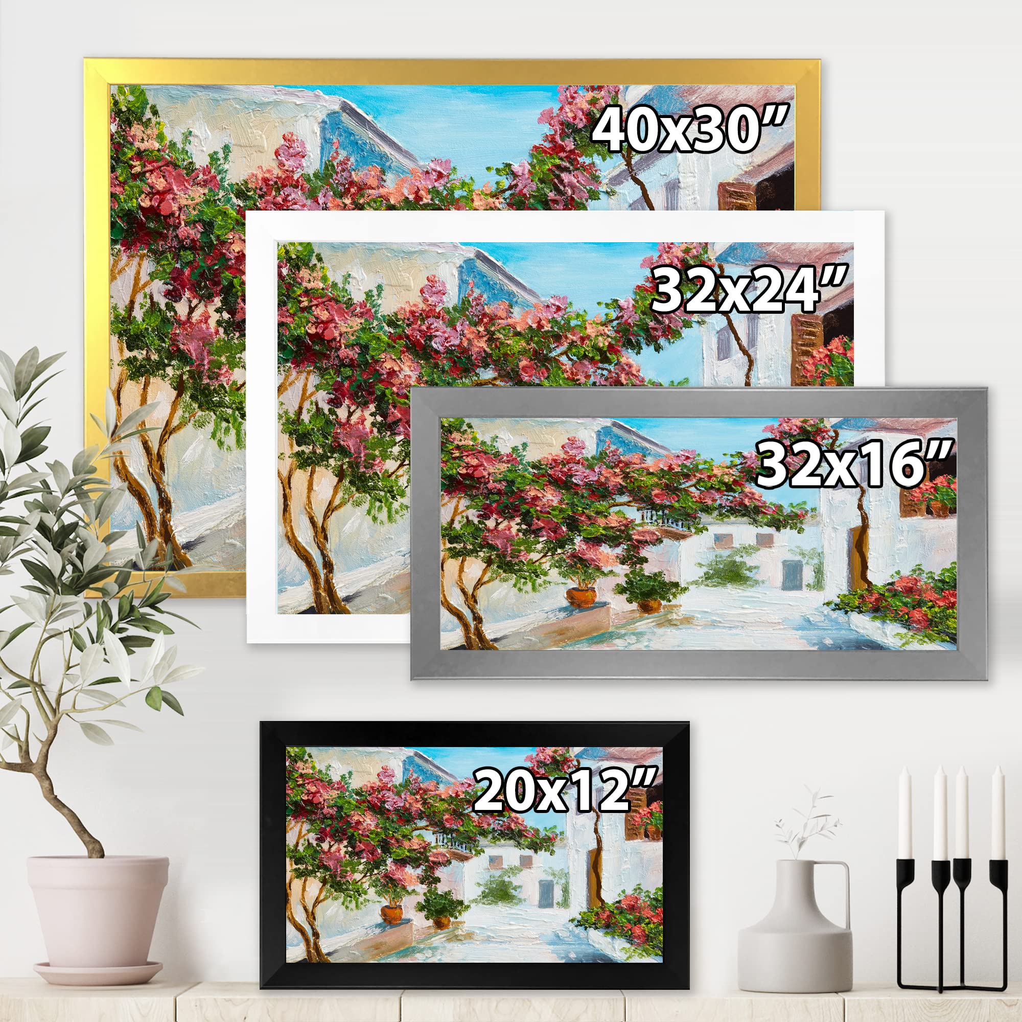DesignQ White House with Blossoming Flowers Coastal Framed Wall Art - Perfect for Beach House Decor, Living Room & Bedroom Wall Decor