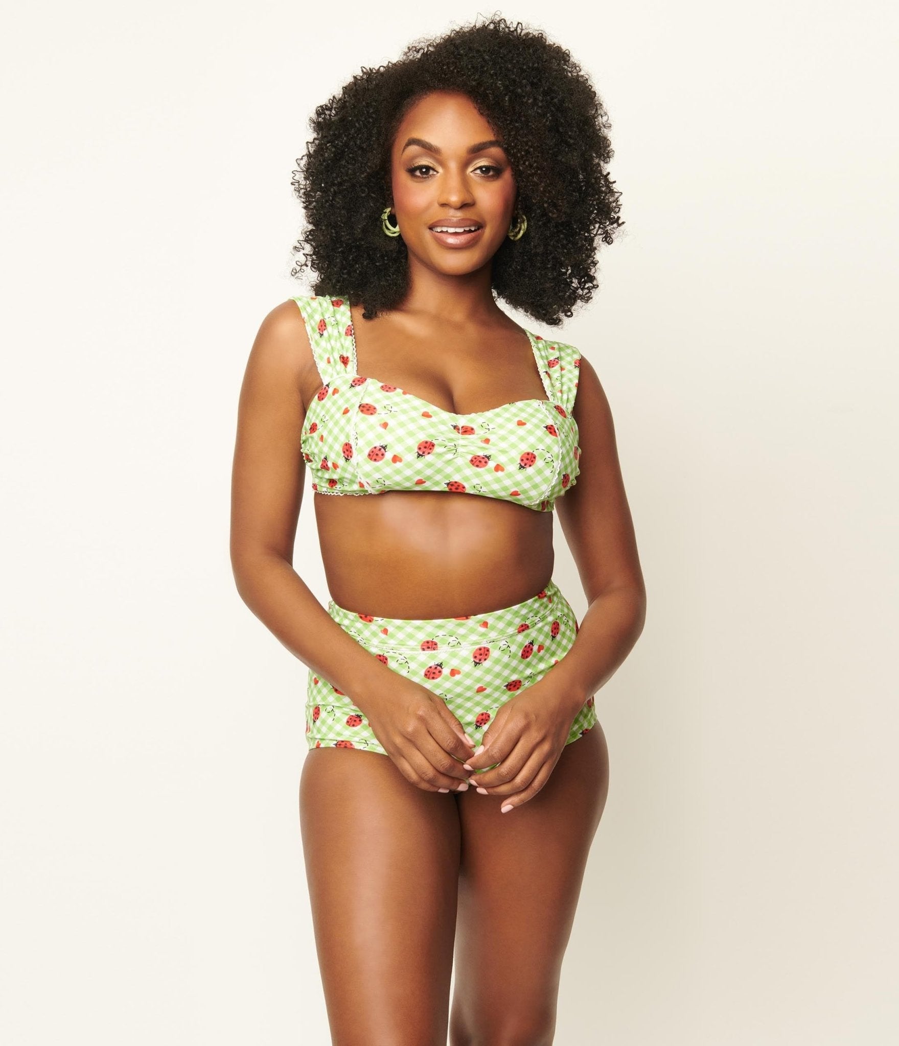 Vintage Green Gingham Ladybug Print Ruched Swim Top - Retro Style Adjustable Bikini Top for Women - Perfect for Beach, Pool, and Summer Vacations