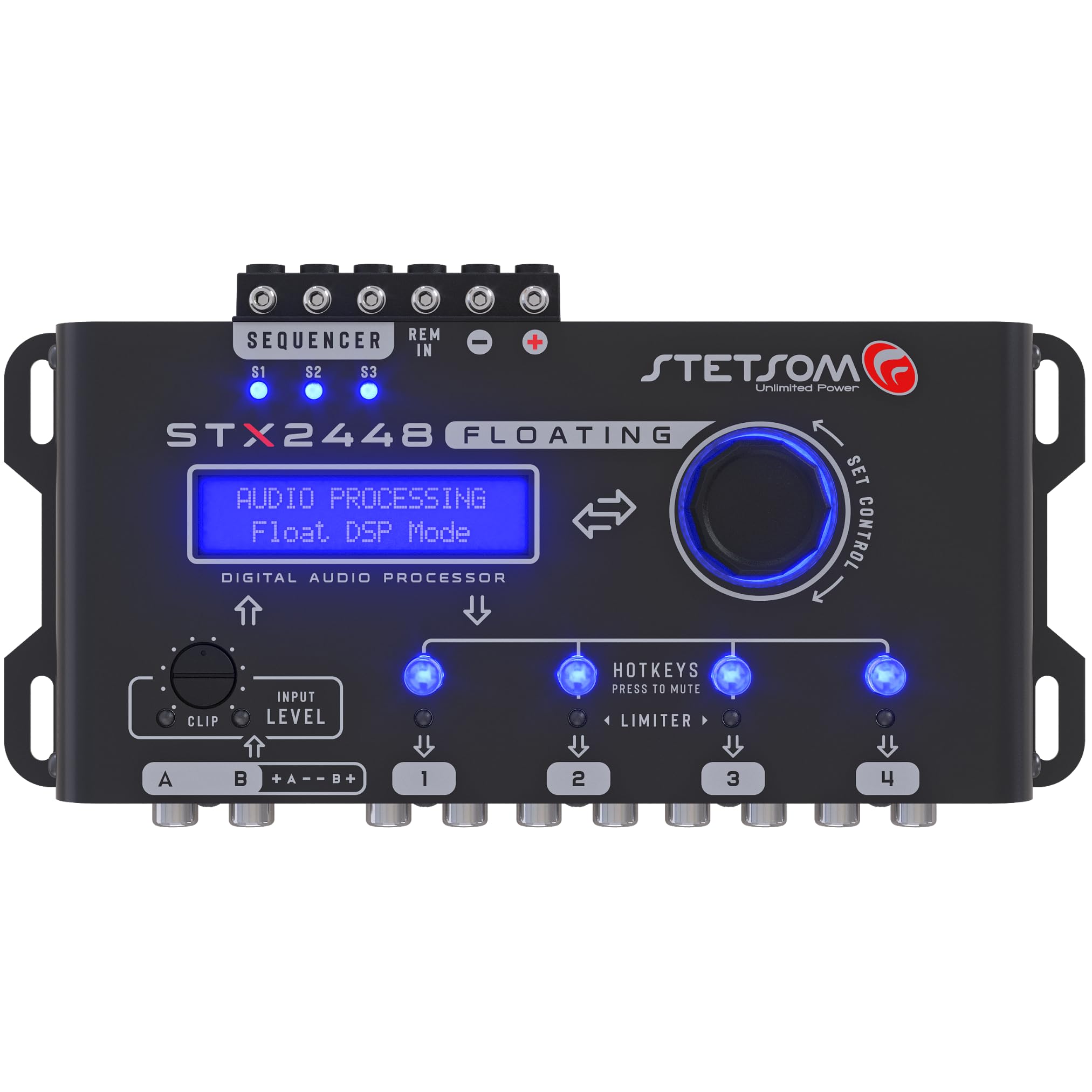 Stetsom STX2448 FLOATING PRO - Professional DSP Audio Processor with 15-Band Graphic Equalizer, Crossover, Subharmonic Bass, RCA & High Input, Remote Sequencer - Perfect for Car Audio Systems & Home Theater Setups