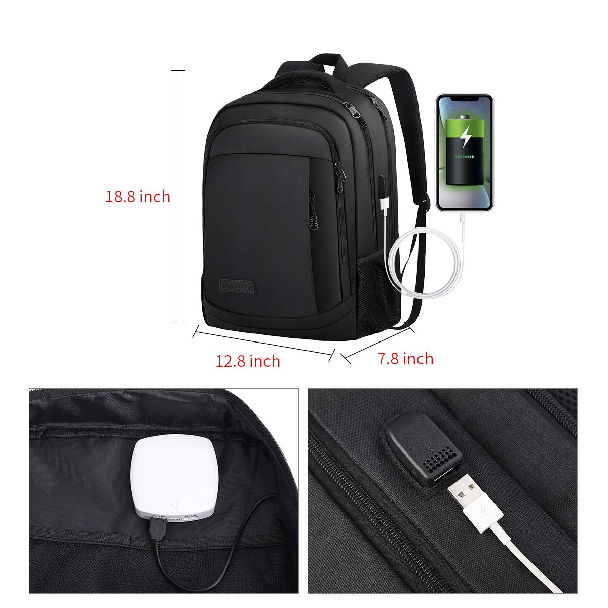 Monsdle Anti Theft Travel Laptop Backpack with USB Charging Port - 15.6 Inch Waterproof Business Backpack for Men & Women - Perfect for College, Work, Commuting & Air Travel - Black