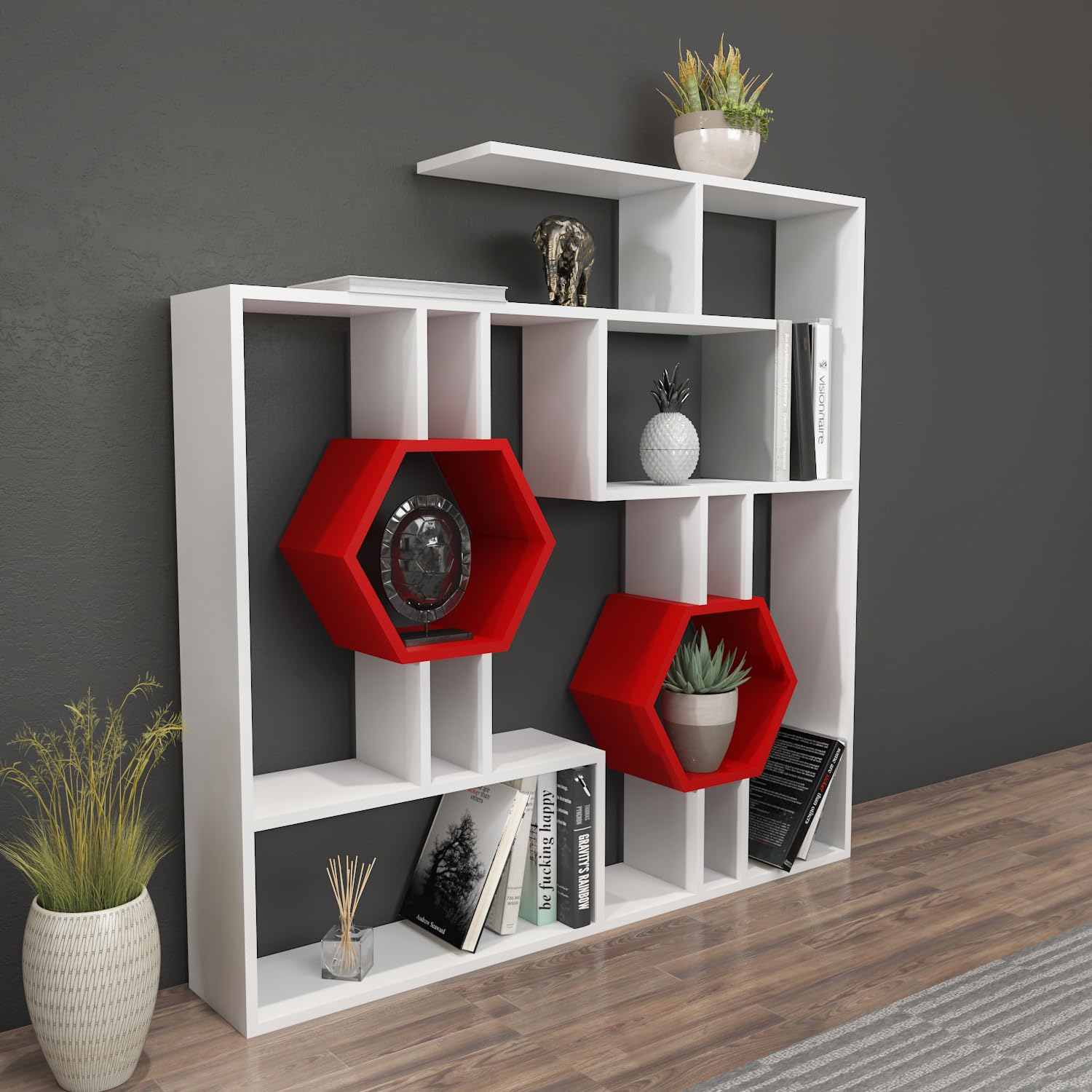Decorotika Tamara Geometric Bookcase - Modern White & Red Cubic Bookshelf with Storage | Perfect for Living Room, Bedroom & Office Organization