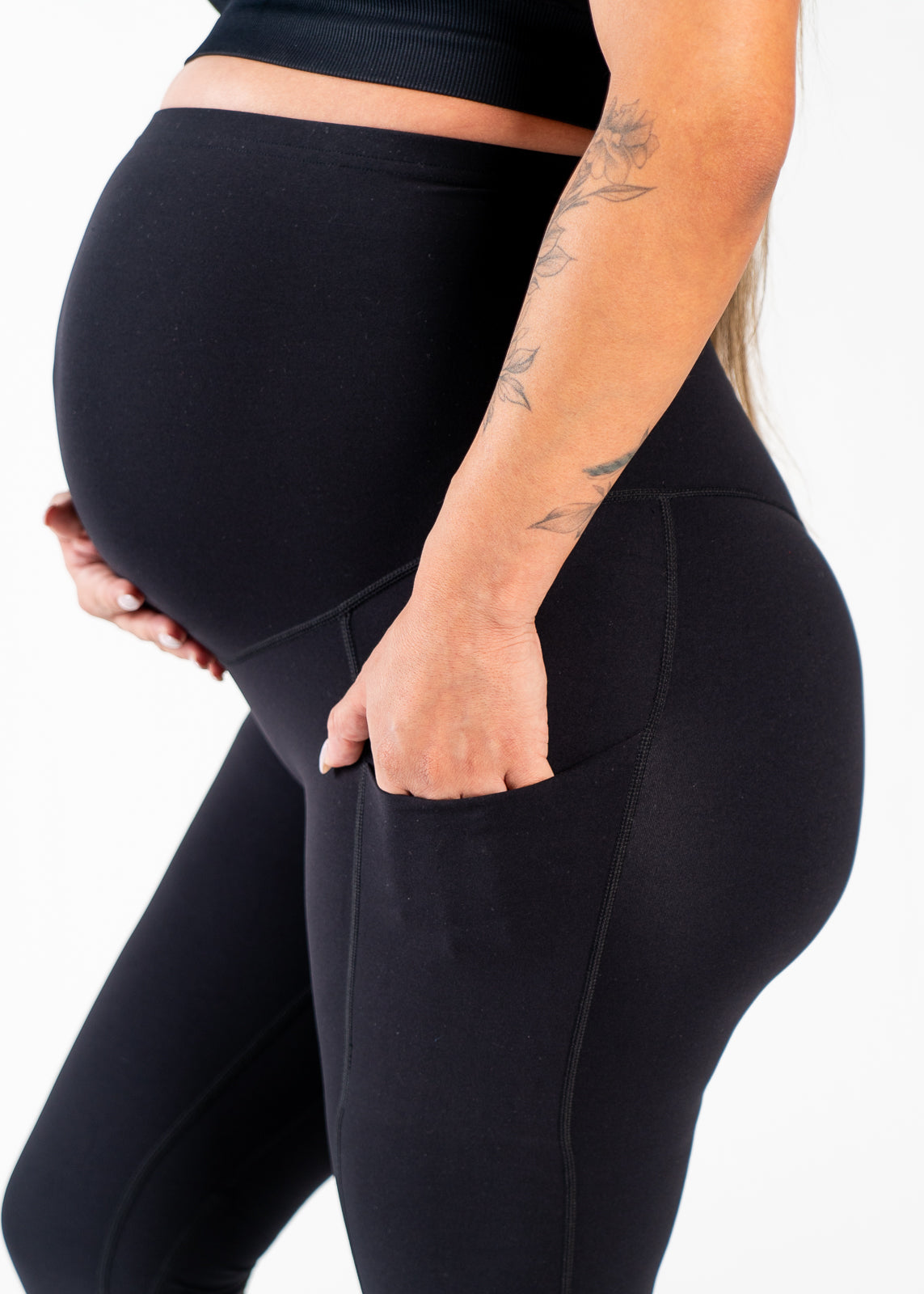NKD Maternity Leggings with Pockets - Soft Stretchy Pregnancy Yoga Pants for Women | Black | Perfect for Workouts, Running & Everyday Comfort