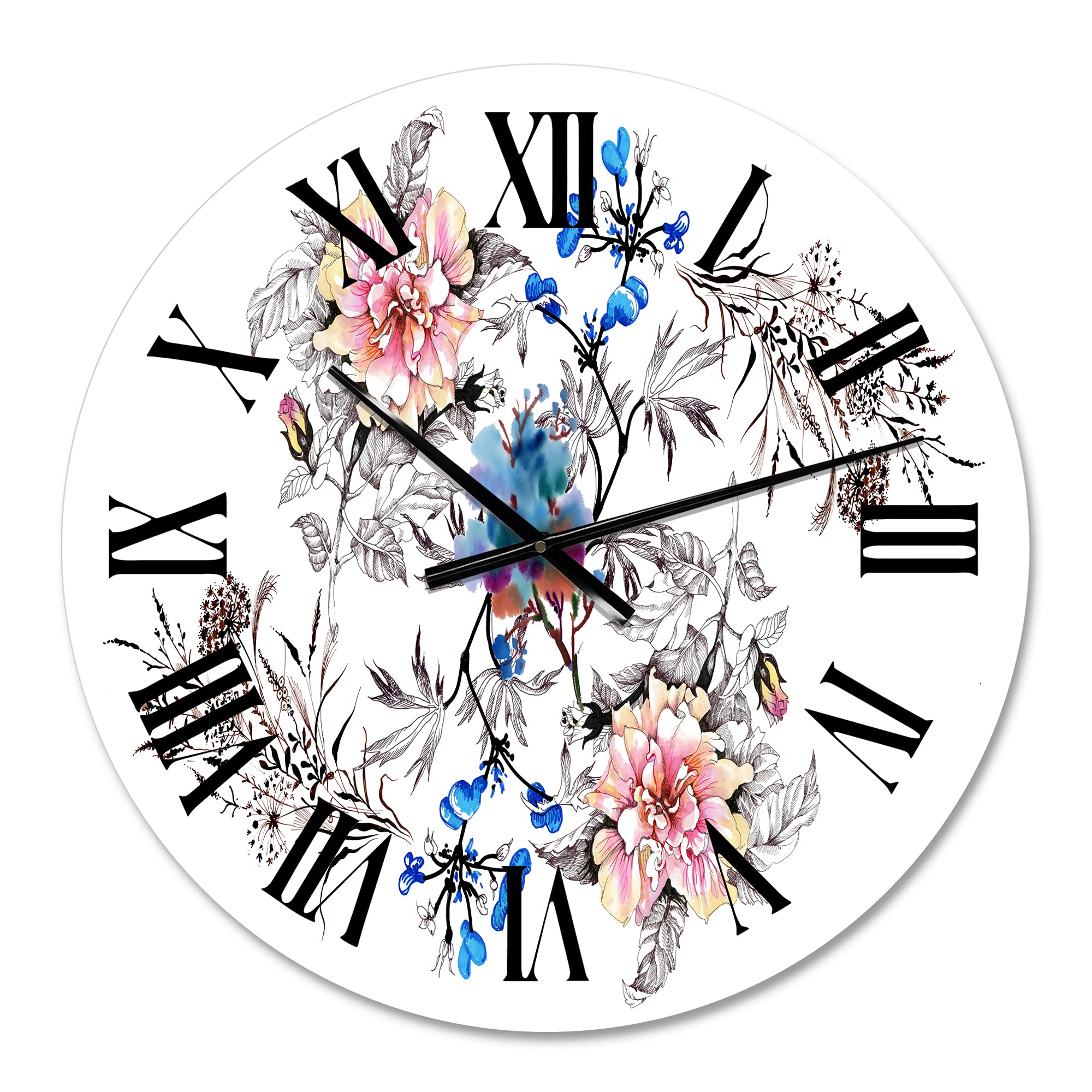 Blue and Pink Wildflowers Large Wall Clock - Traditional Floral & Botanical Decor for Living Room, Bedroom, Office | Silent Non-Ticking Home Decor