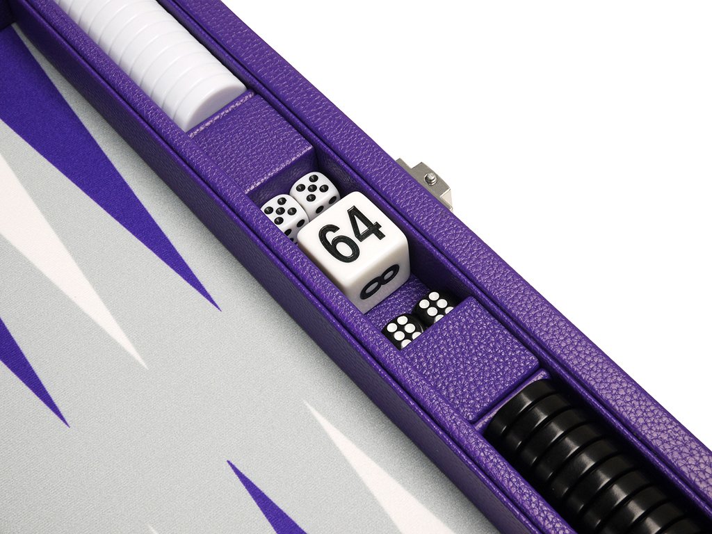Premium 13-Inch Travel Backgammon Set - Purple Game Board with Grey Field & White/Purple Points | Portable Board Game for Camping, Beach, Picnics & Family Game Nights