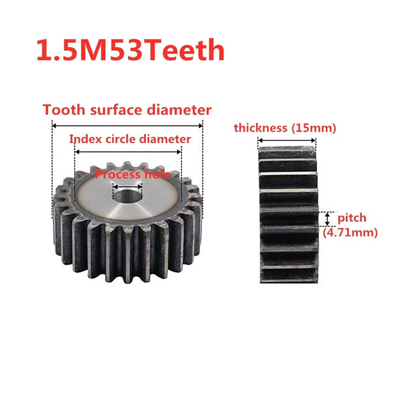 1.5M53T Spur Gear 12mm Bore Low Carbon Steel Gear Rack Pinion - 53 Teeth for Motor & Machinery (Ideal for Industrial Equipment, Robotics, and Automotive Applications)