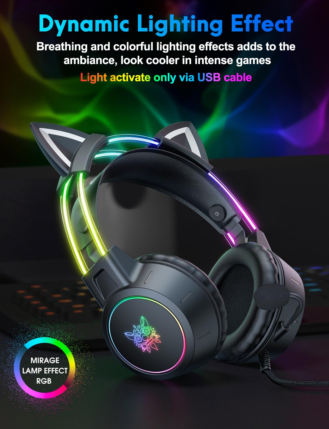 Lightweight Gaming Headset with Detachable Cat Ears - RGB LED Wired Over-Ear Headphones with Noise-Canceling Mic for PC, PS4, PS5, Xbox, Nintendo Switch | Stereo Surround Sound & Self-Adjusting Headband | Perfect for Streaming, Esports & Late-Night Gaming Sessions