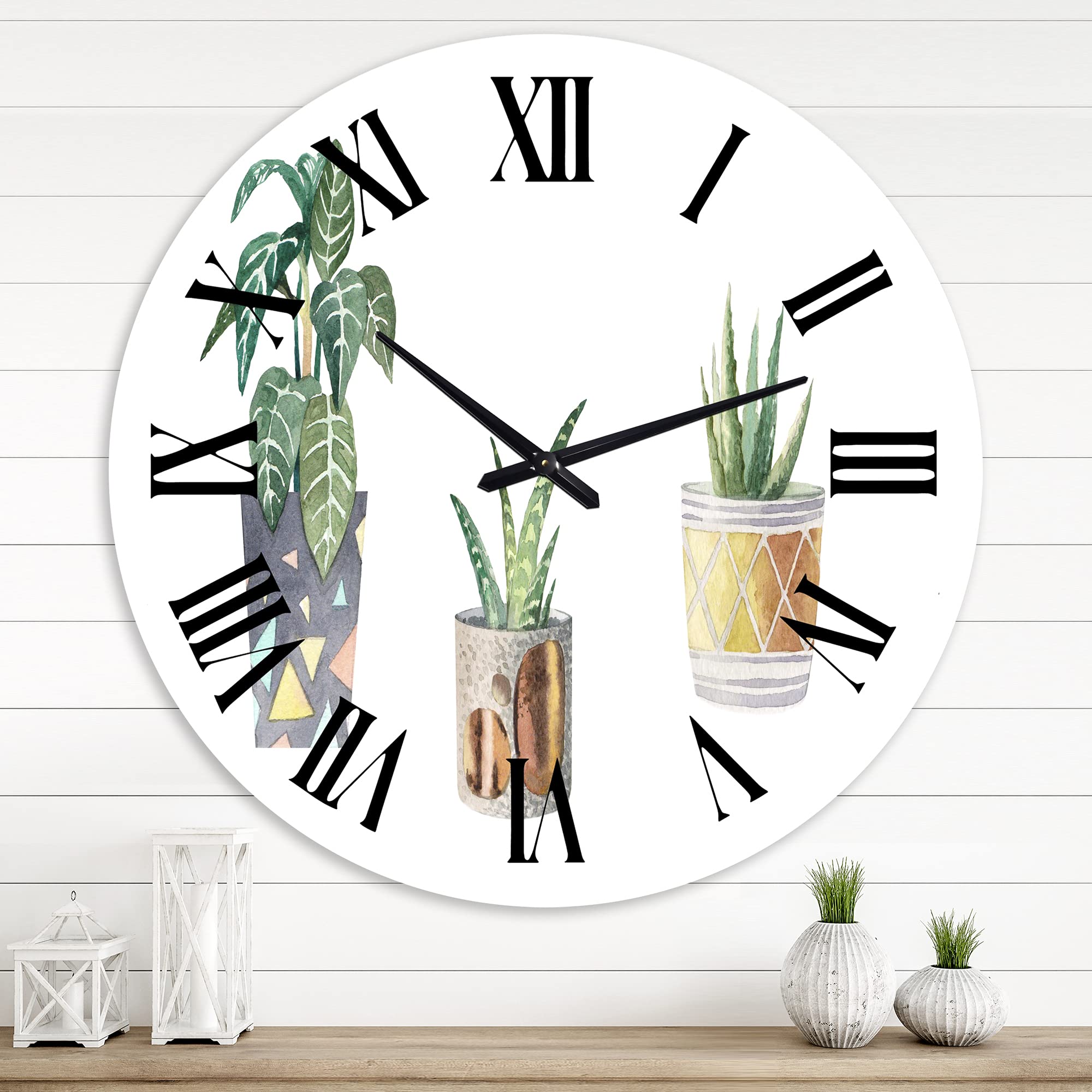 DesignQ Traditional Wall Clock 'Three Potted Houseplants' - Large Floral & Botanical Wall Clock for Living Room, Bedroom, Office Decor - Perfect for Home, Farmhouse, and Vintage Style Interior Design