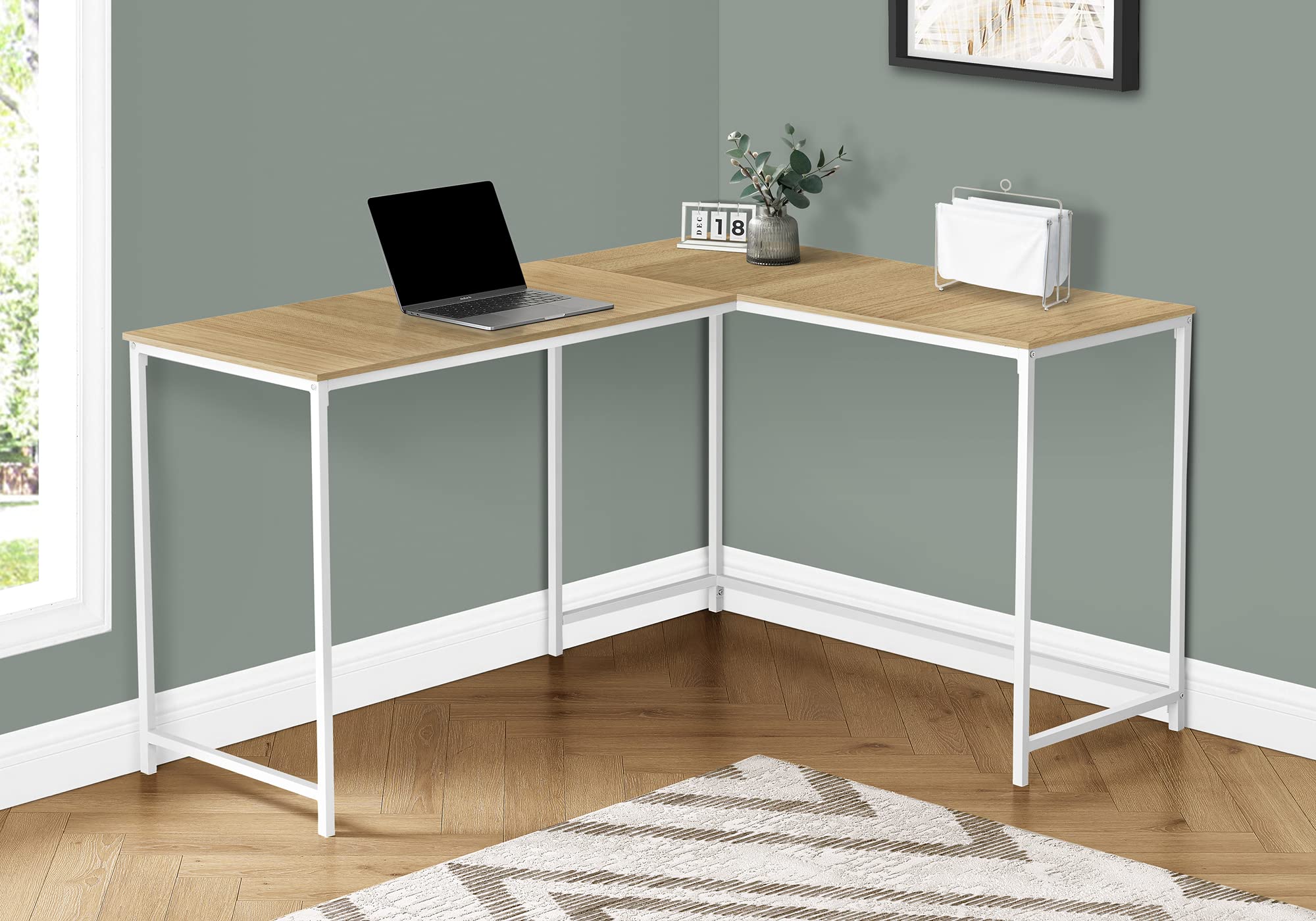 Monarch Specialties I 7397 L-Shaped Computer Desk - 58 Inch Home Office Corner Desk with Metal Frame & Laminate Surface in Natural White | Modern Design for Work, Laptop, Gaming & Study Spaces
