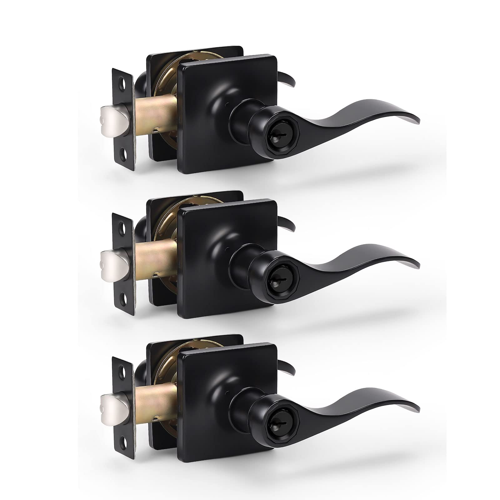 KNOBWELL 3 Pack Matte Black Door Handle Sets with Lock - Interior & Exterior Lever Handles for Front Doors, Bedrooms, Bathrooms - Keyed Entry for Home Security & Privacy