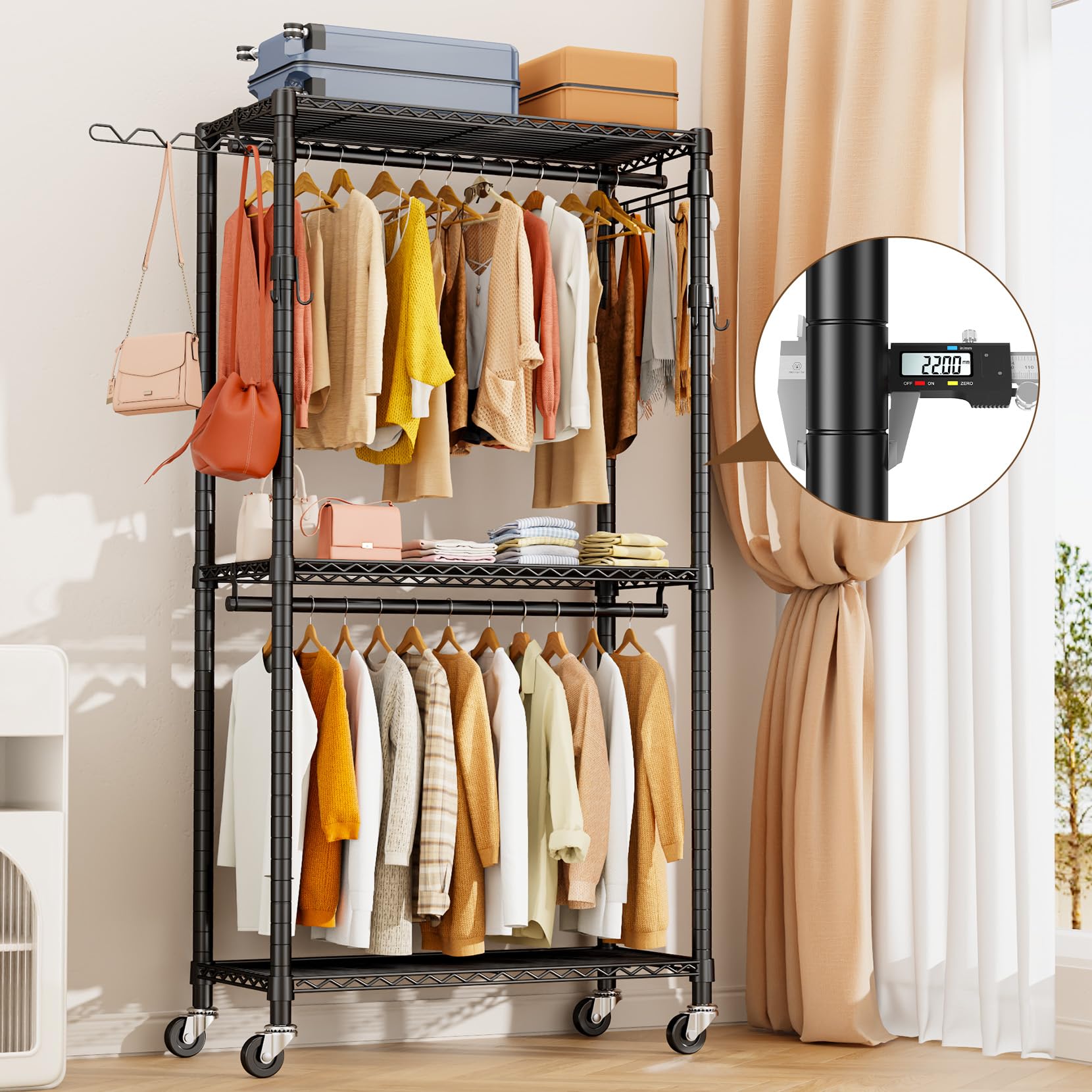 Heavy Duty Rolling Garment Rack with Shelves - 420 lbs Capacity Freestanding Clothes Hanger Organizer, Metal Wardrobe Closet Storage with Wheels (Black) - Perfect for Retail Stores, Boutiques & Home Closet Organization