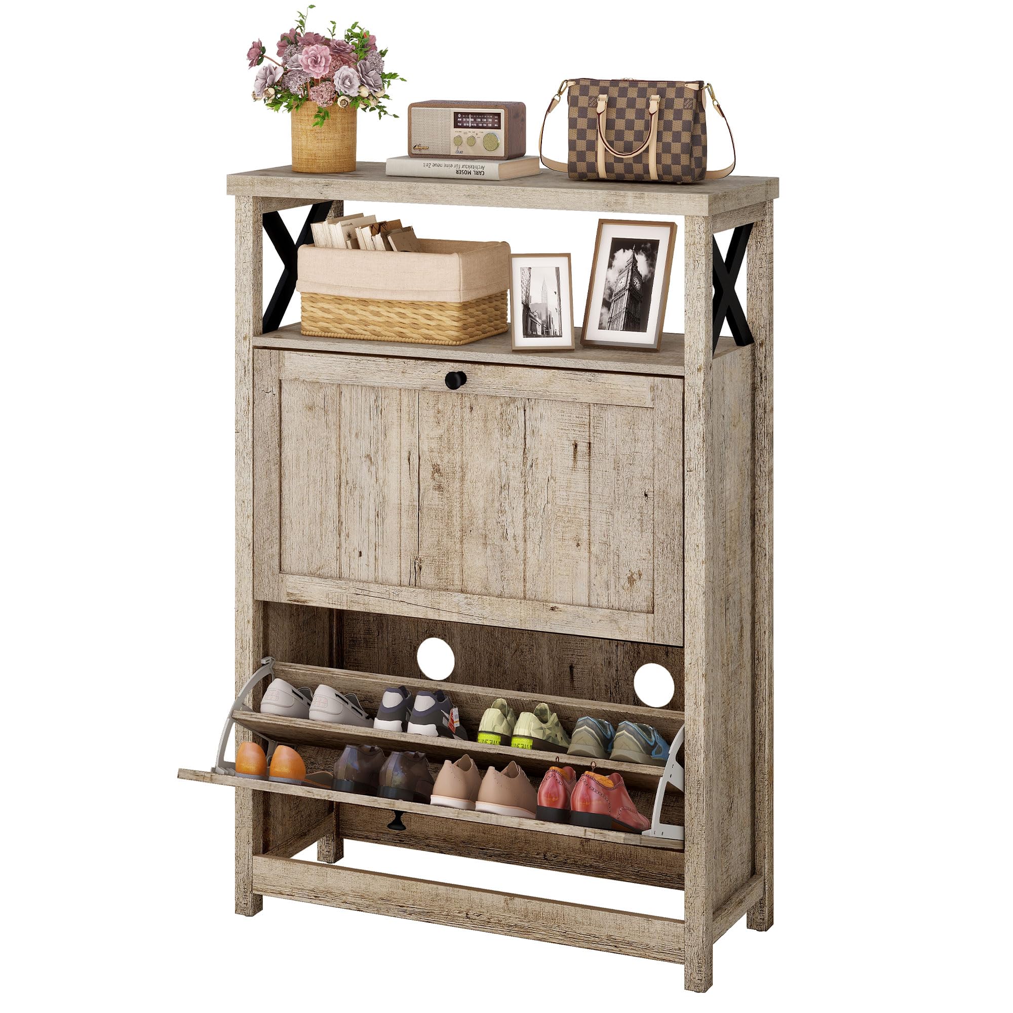 DWVO White Shoe Cabinet with 2 Flip Drawers - Free Standing Hidden Narrow Shoe Storage Organizer for Entryway, Hallway, Closet | Space Saving Shoe Rack for Small Spaces, Old Oak Finish | Perfect for Apartments, Dorms & Home Organization