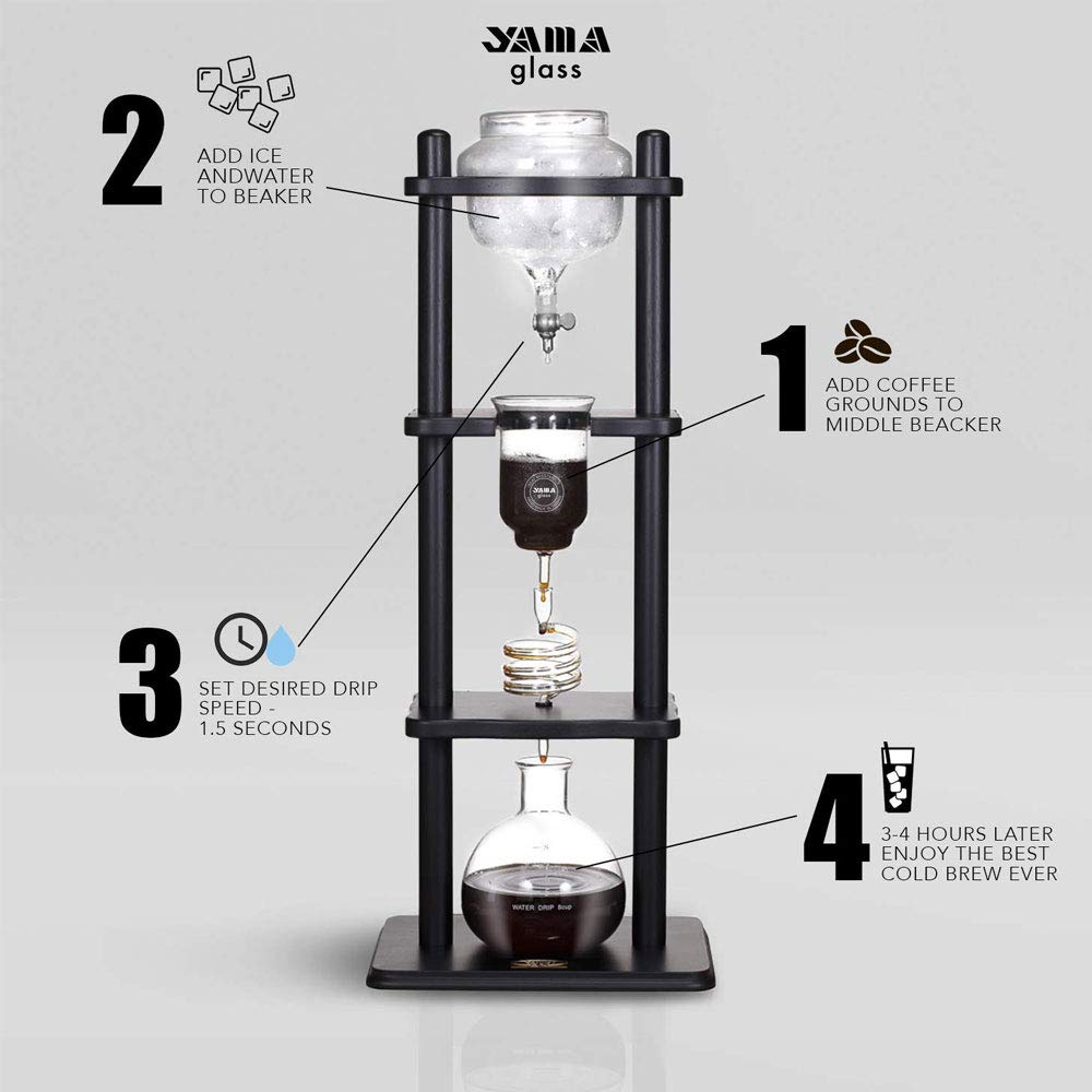 Premium Yama Cold Brew Coffee Maker with Slow Drip Technology - 32oz Large Capacity (6-8 Cups) - Black Wooden Straight Frame Tower for Iced Coffee - Perfect for Home, Office & Cafe Use