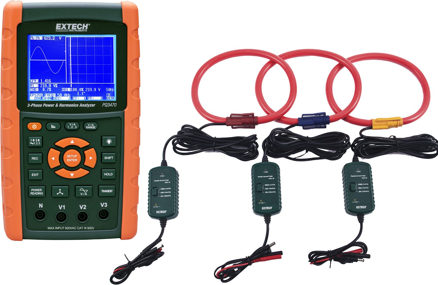 Extech PQ3470-30 3-Phase Power Quality Analyzer with 3000A Clamp Probes - Measure Harmonics, Voltage & Current for Industrial Electrical Systems
