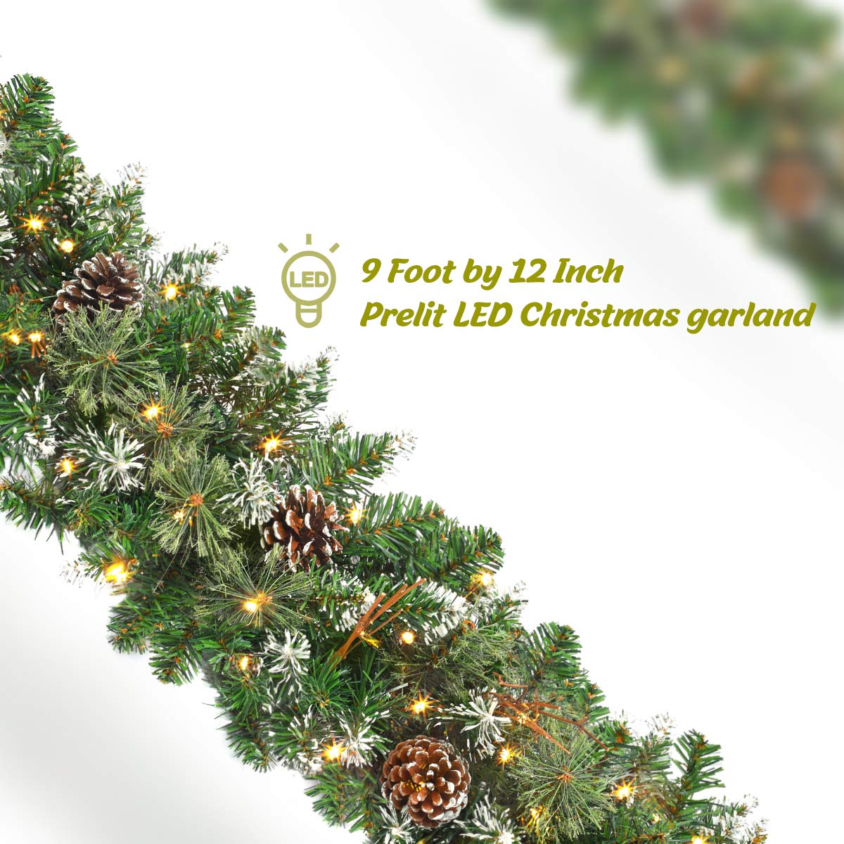 9 FT Prelit Christmas Garland with Pine Cones - Artificial Snowy Pine Garland with 50 LED Warm White Battery Operated Lights & Timer - Indoor Outdoor Holiday Decor for Fireplace, Mantel, Staircase & Doorway