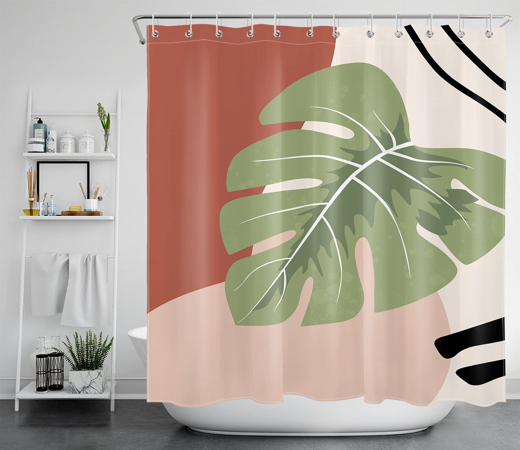 HVEST Minimalist Shower Curtain - Boho Palm Leaves Waterproof Bathroom Decor, Modern Abstract Line Polyester Fabric with Hooks (72x78 Inches) for Spa-Like Shower Experience