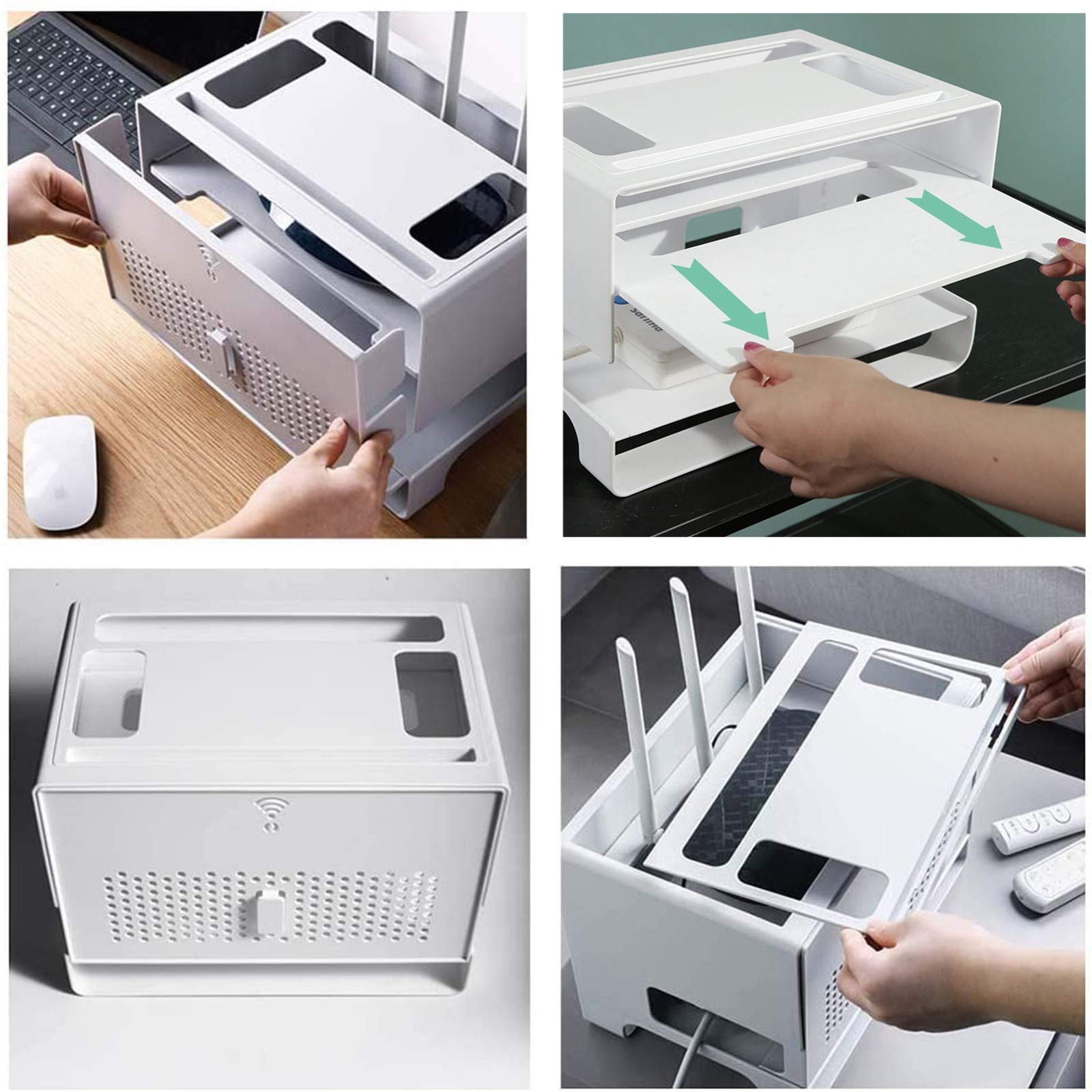 Router Storage Box & Cable Management Organizer - White Double-Layer Hollow Desktop Organizer with Heat Dissipation for Wires, Cables, Set-top Box | Perfect for Home Office, Gaming Setup & TV Stand Organization