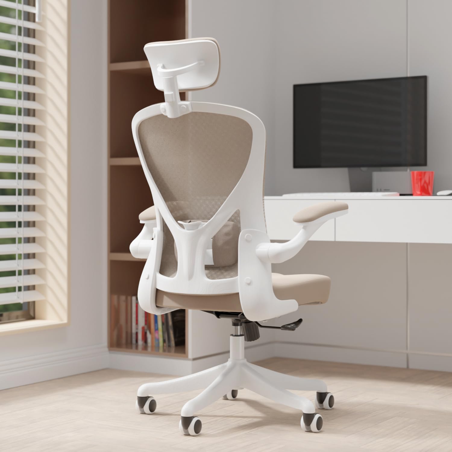 Ergonomic Office Chair with Lumbar Support - Adjustable Headrest & Flip-Up Armrests - Thickened Cushion Rolling Desk Chair for Home & Office - Comfortable Computer Task Chair with Wheels - Perfect for Long Work Hours, Gaming, and Study Sessions - Khaki