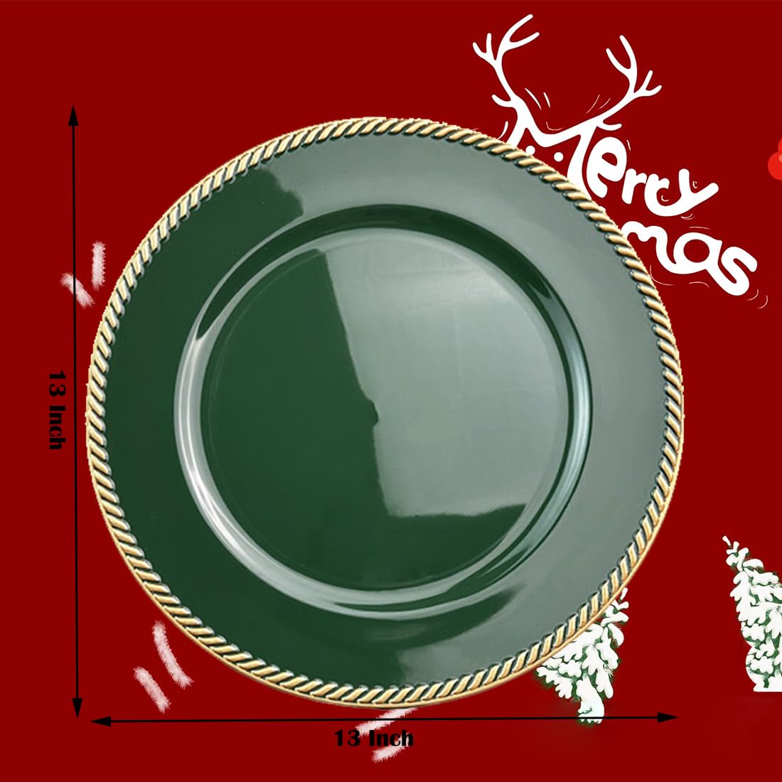 12-Piece Green Plastic Beaded Charger Plates - 13 Inch Round Dinner Plates for Wedding, Christmas & Event Decor - Elegant Table Setting & Holiday Party Decoration