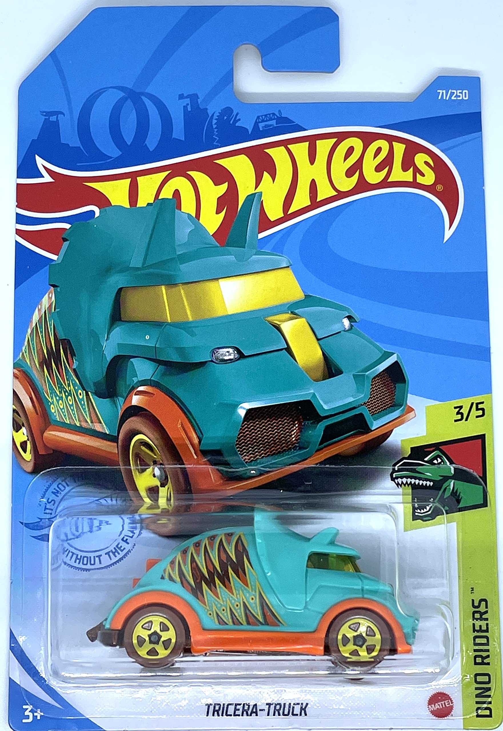 Hot Wheels Tricera Truck Dino Riders 3/5 Teal 71/250 - Diecast Dinosaur Toy Car for Kids Collection & Play - Perfect for Birthday Gifts, Display, and Racing Games