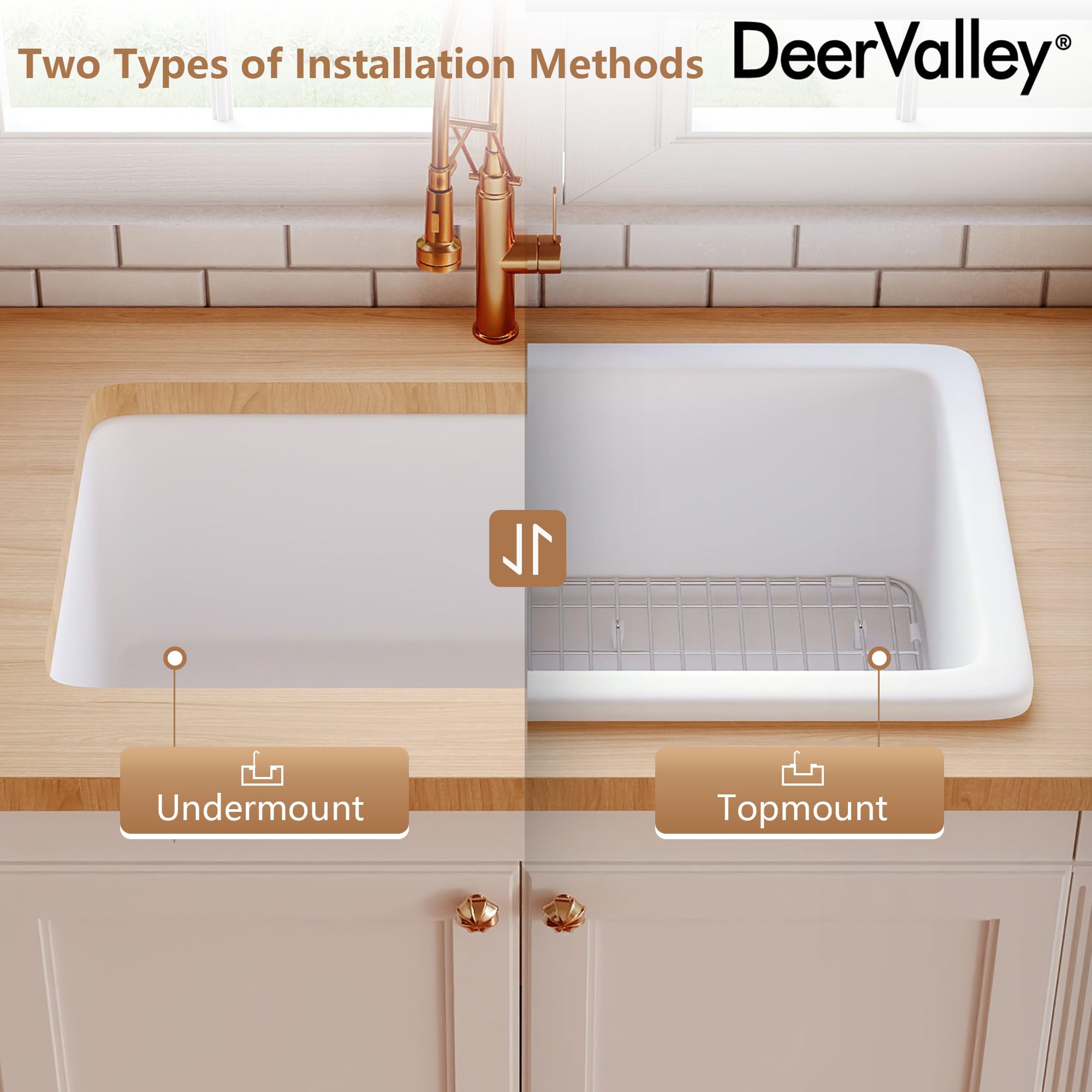 DeerValley Fireclay White Undermount Kitchen Sink - 32 x 19 Inch Single Bowl Farmhouse Sink with Grid & Basket Strainer - Perfect for Modern Farmhouse, Rustic, and Traditional Kitchen Designs