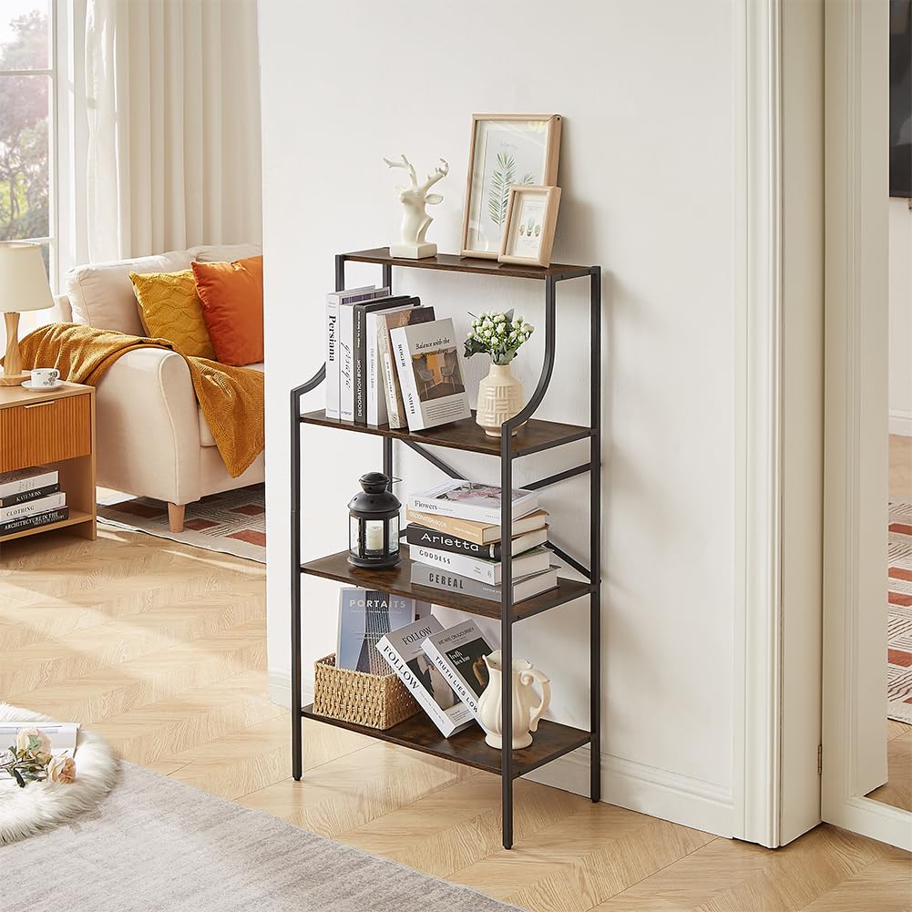 4 Tier Bookshelf - Rustic Brown Entryway Standing Shelf with Open Storage, Small Bookcase for Bedroom, Study & Living Room - Perfect for Organizing Books, Decor & Home Essentials