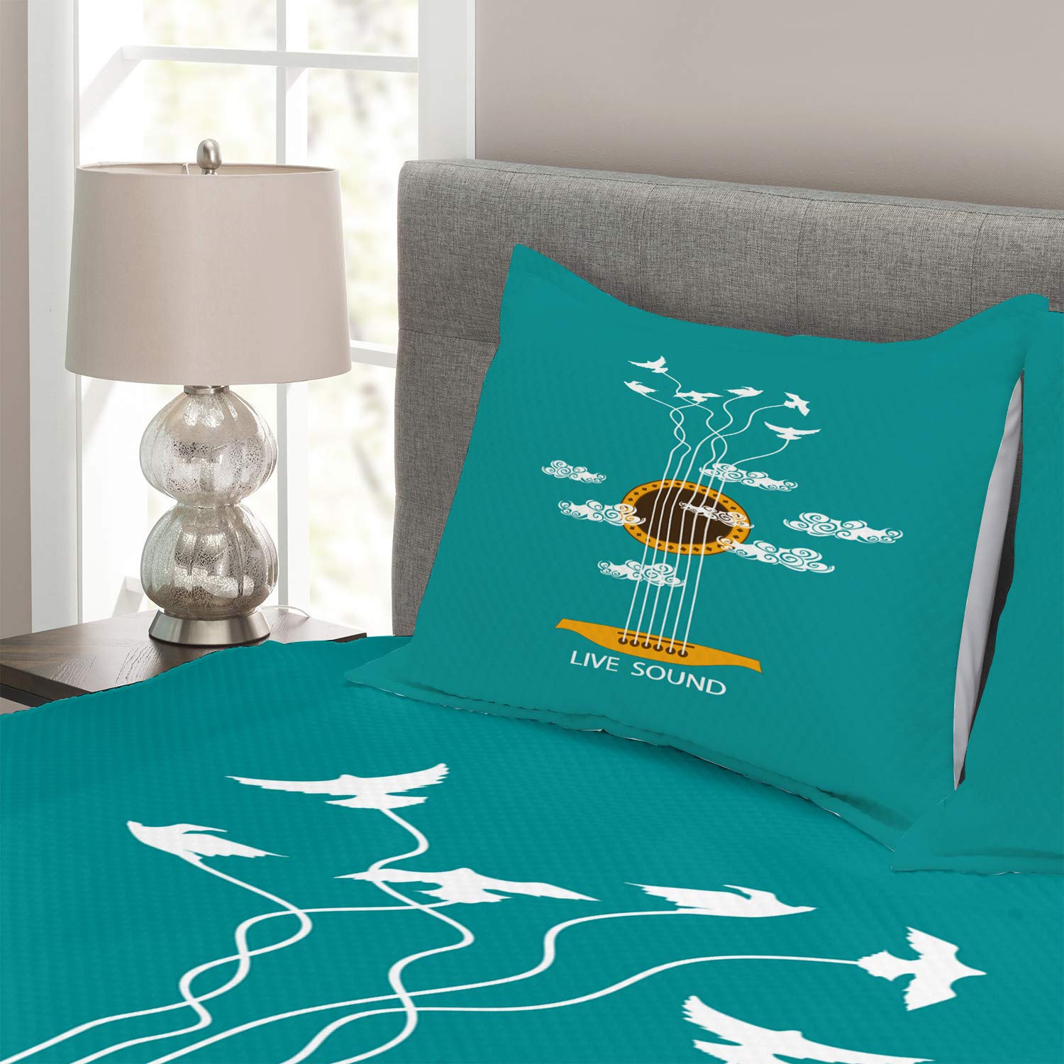 Ambesonne Guitar Bedspread Set - Abstract Music Theme with Birds on Strings & Clouds Design, 3-Piece Decorative Bedding Coverlet & 2 Pillow Shams, Queen Size, Turquoise Marigold White - Perfect for Music Lovers' Bedroom Decor & Bohemian Style Home