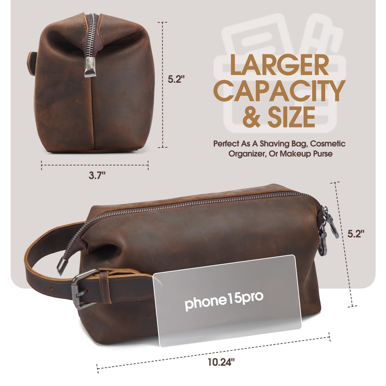 100% Genuine Leather Toiletry Bag for Men - Premium Handmade Crazy Horse Grain Travel Shaving Kit - Perfect Gift for Father, Husband - Hanging Dopp Kit Organizer for Travel, Gym & Daily Use