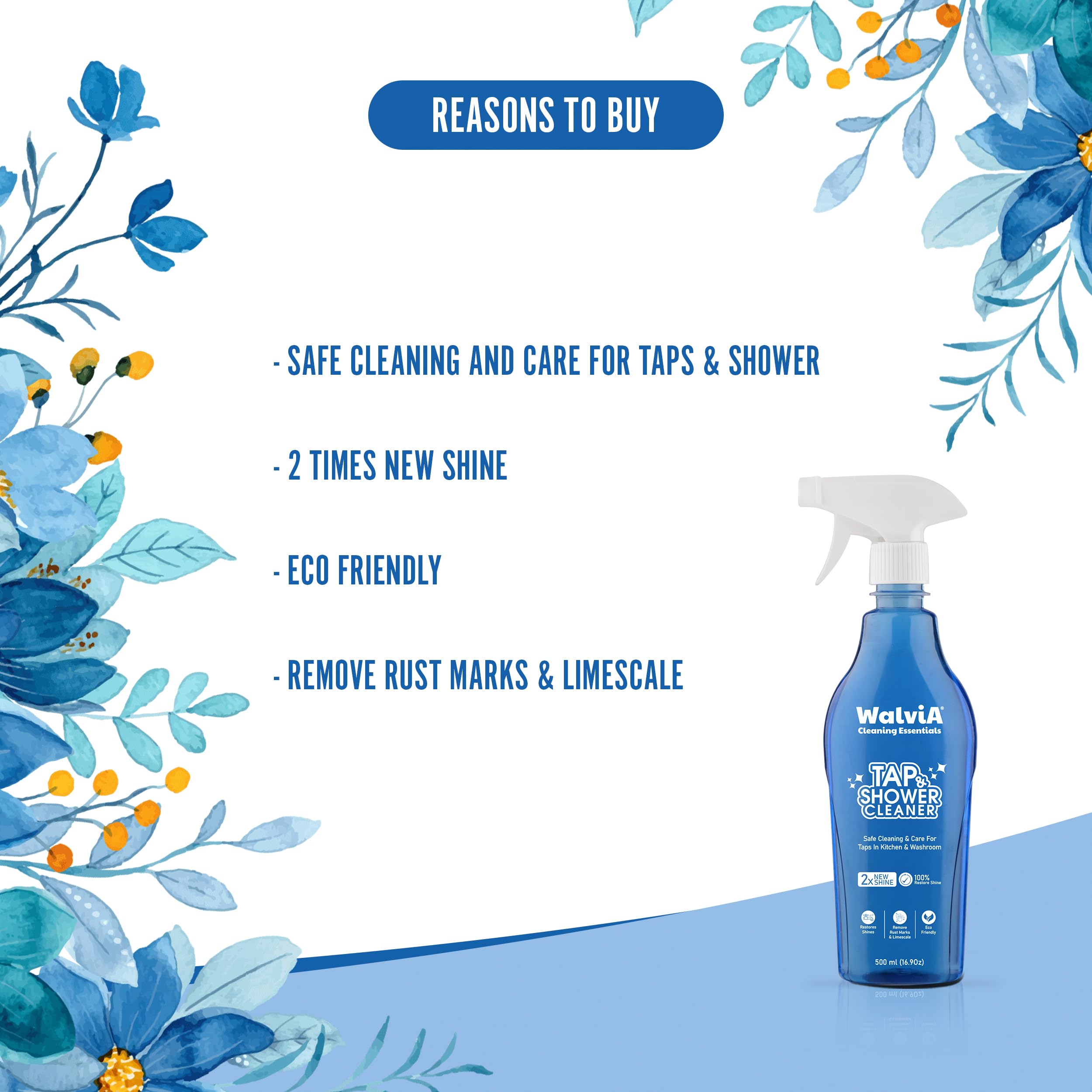 Walvia Natural Tap & Shower Cleaner - Powerful Limescale Remover for Hard Water Stains | Bathroom, Tile, Faucet & Metal Surface Cleaner | 500ml Eco-Friendly Solution | Perfect for Kitchen Sinks, Shower Doors & Chrome Fixtures