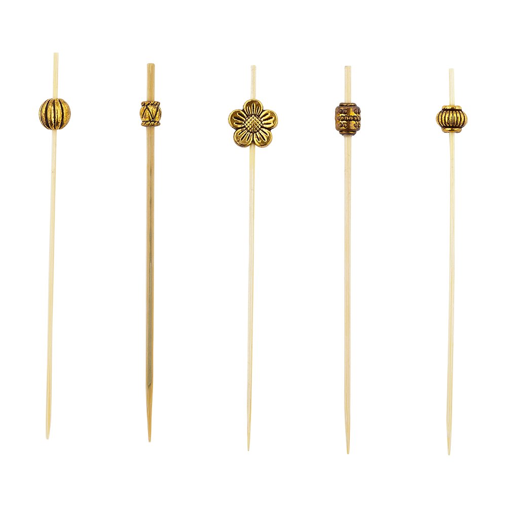 Restaurantware 1000-Pack 4 Inch Decorative Metal Bead Cocktail Skewers | Gold Bamboo Wooden Appetizer Picks for Garnishes, Fruits & Cheese | Disposable & Sustainable Bar Accessories for Parties, Weddings & Catering
