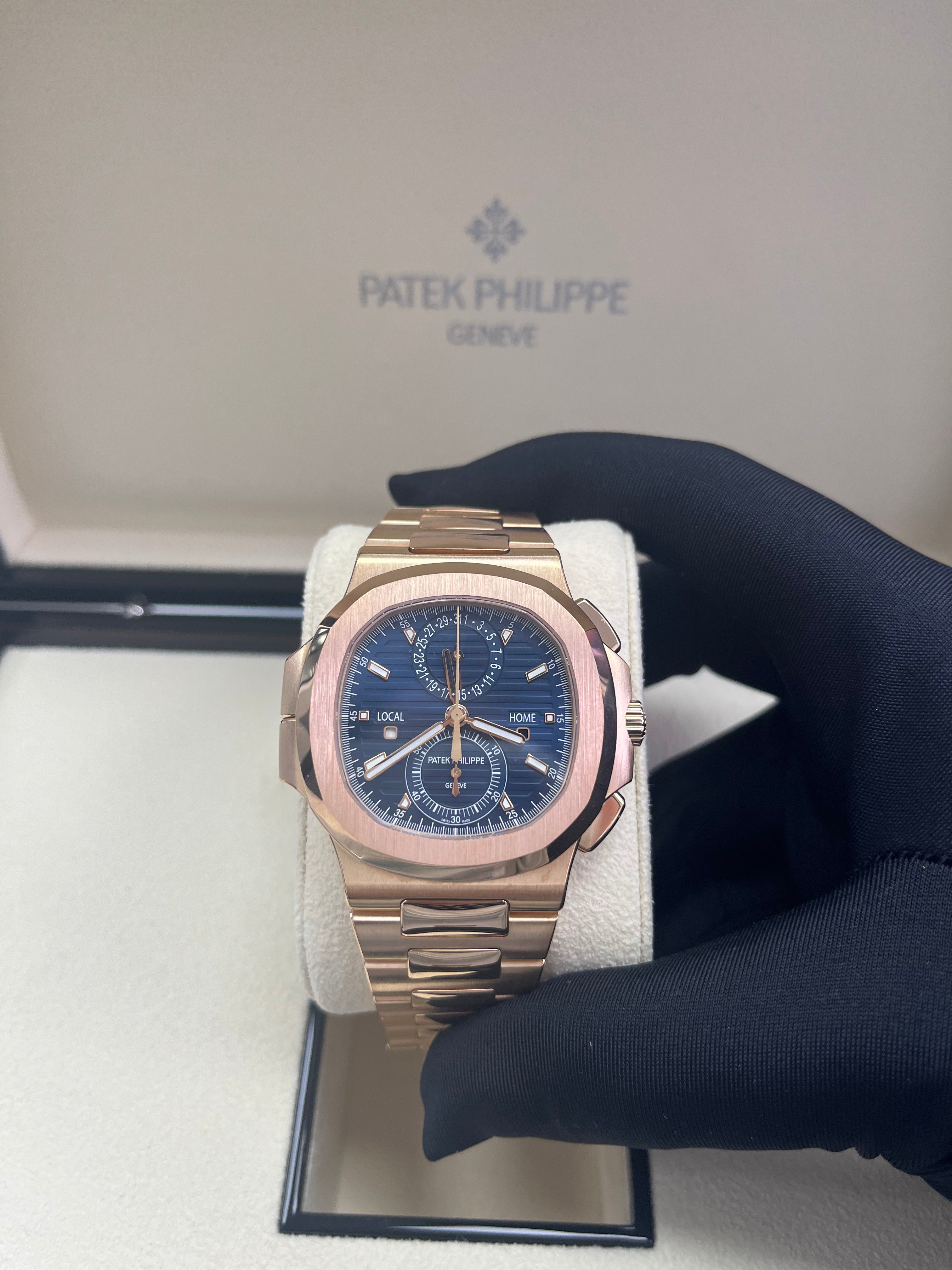 Patek Philippe Nautilus 5990/1R 001 Rose Gold Travel Time Chronograph Watch - Luxury Men's Automatic Timepiece for Business Travel & Formal Occasions