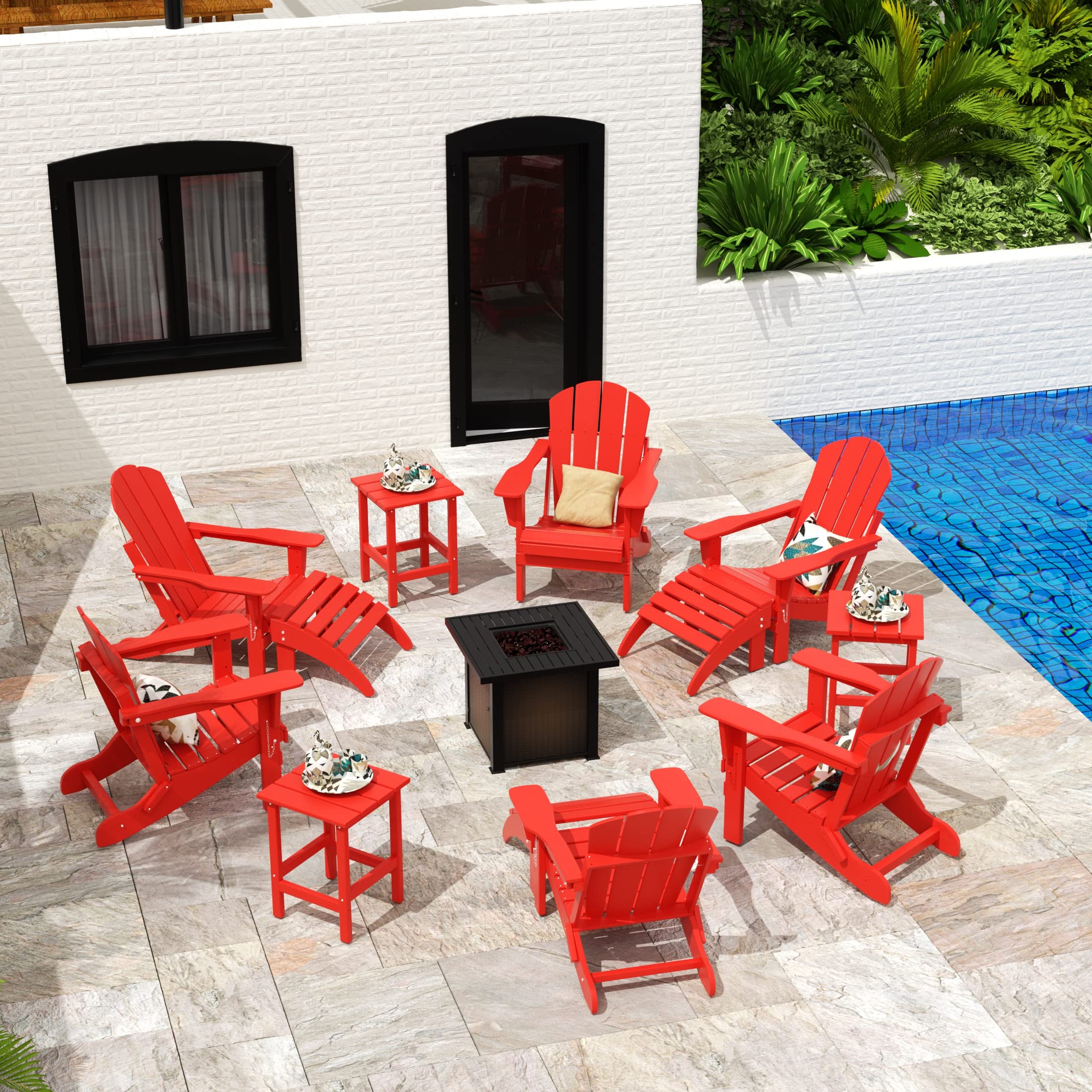 WO Home Furniture 2-Piece Adirondack Chair and Side Table Set - Outdoor Folding Chairs with Weatherproof & UV Resistant Design for Lawn, Garden, Bonfire, Balcony, Patio (Red) - Perfect for Relaxing and Entertaining Outdoors