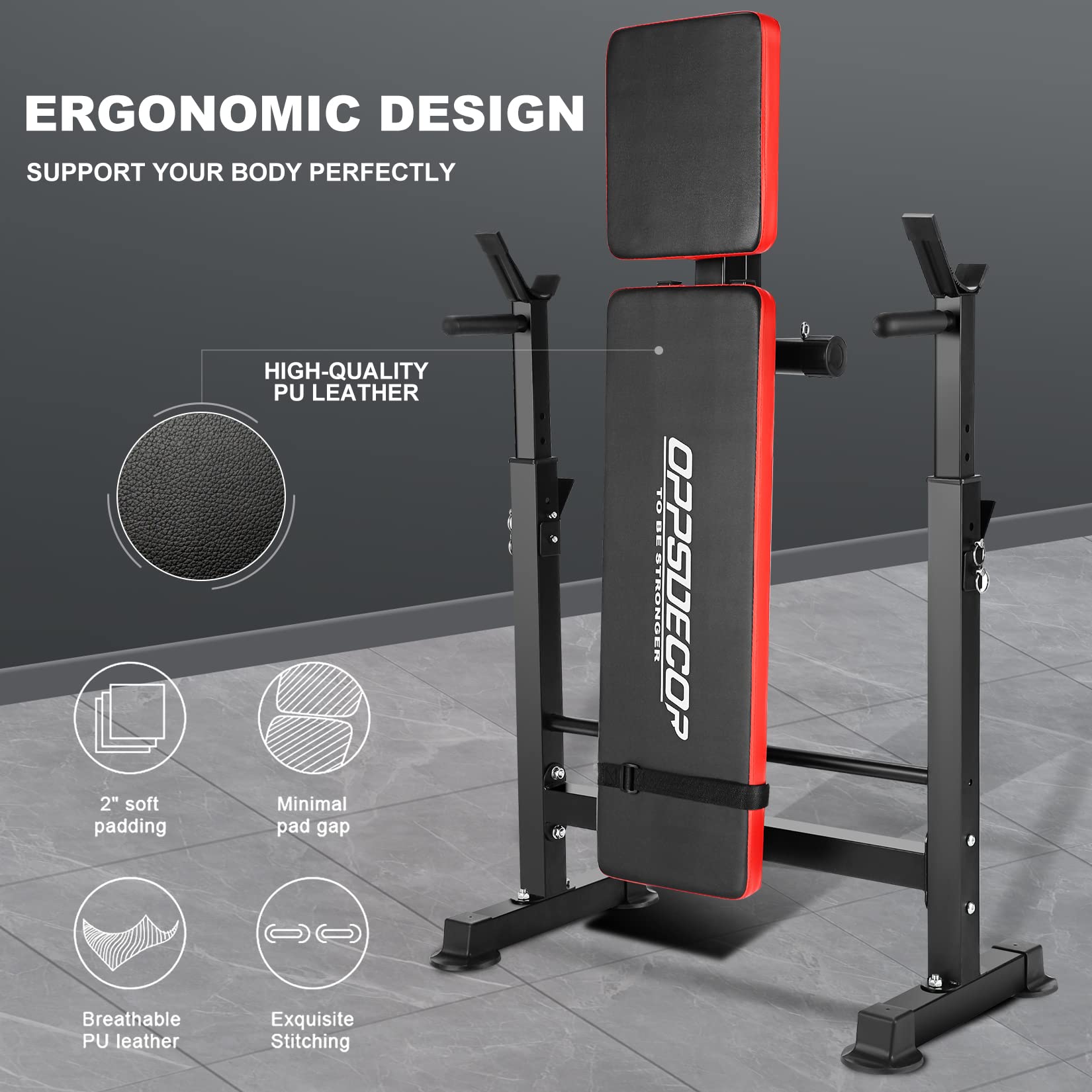 OPPSDECOR 8-in-1 650lbs Adjustable Weight Bench Press Set with Squat Rack, Olympic Workout Bench, Leg Developer & Preacher Curl - Foldable Home Gym Equipment for Strength Training & Full Body Workouts
