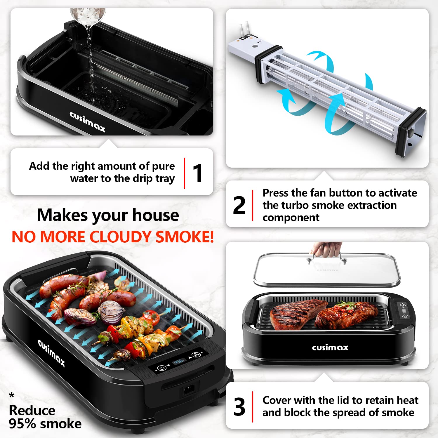 CUSIMAX 1500W Electric Smokeless Indoor Grill - Korean BBQ Griddle with LED Smart Display, Tempered Glass Lid & Non-Stick Removable Plates - Perfect for Home Cooking, Family Gatherings & Healthy Meals (Black)