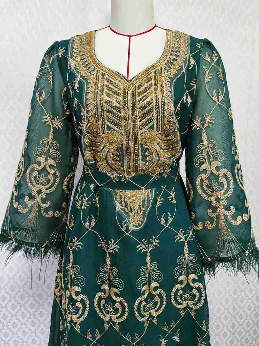 Elegant Eid Outfits for Women - Sparkling Sequins & Embroidery Muslim Caftan Kaftan Dress Jalabiya - Perfect for Eid Celebrations, Weddings & Special Occasions