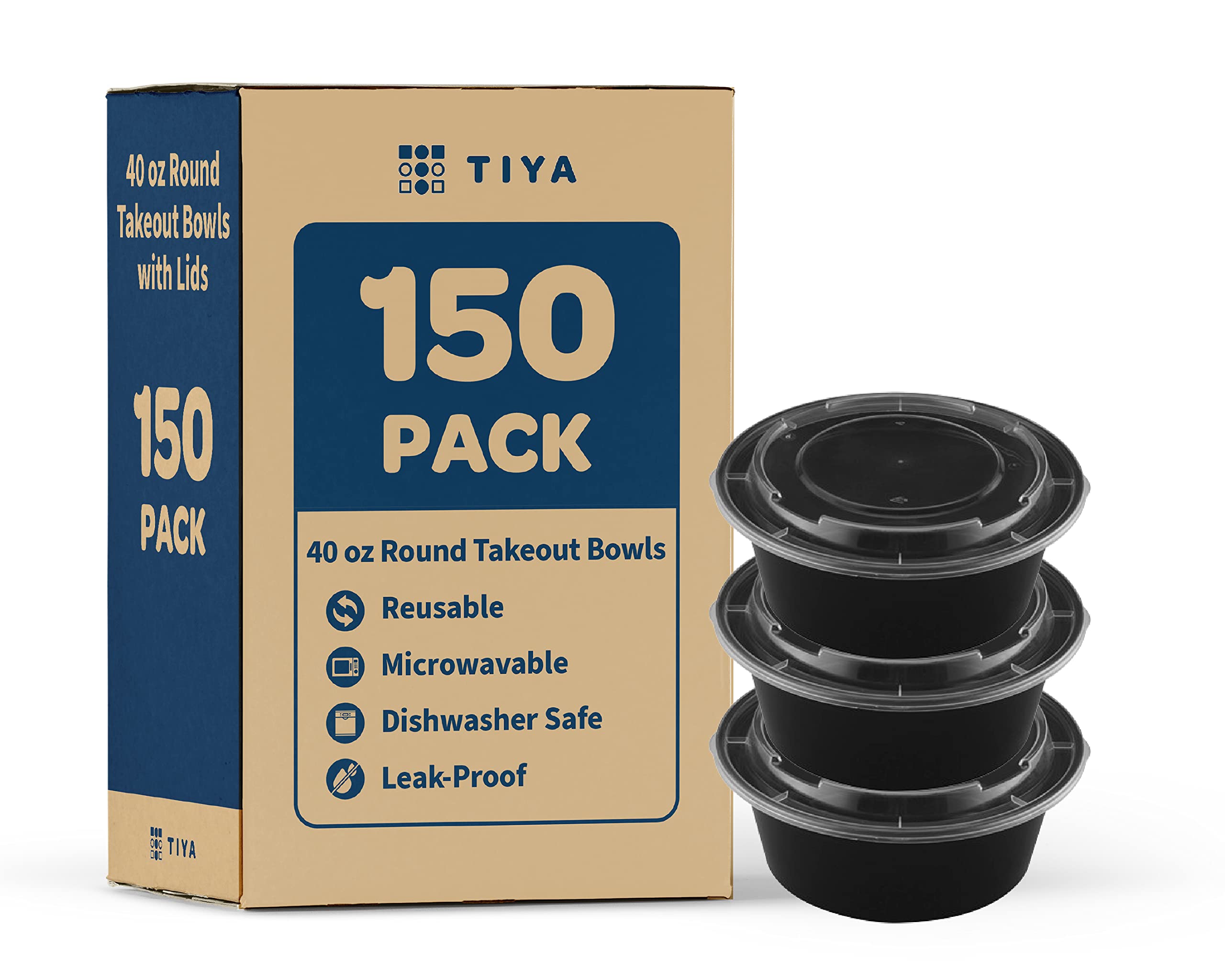 TIYA 40 oz Takeout Food Containers with Lids - 150 Pack Bulk Plastic Storage Bowls - Reusable, Microwavable & Dishwasher Safe - BPA-Free Leak-Proof Round Containers for Meal Prep, Restaurant Leftovers, Picnics & Party Catering