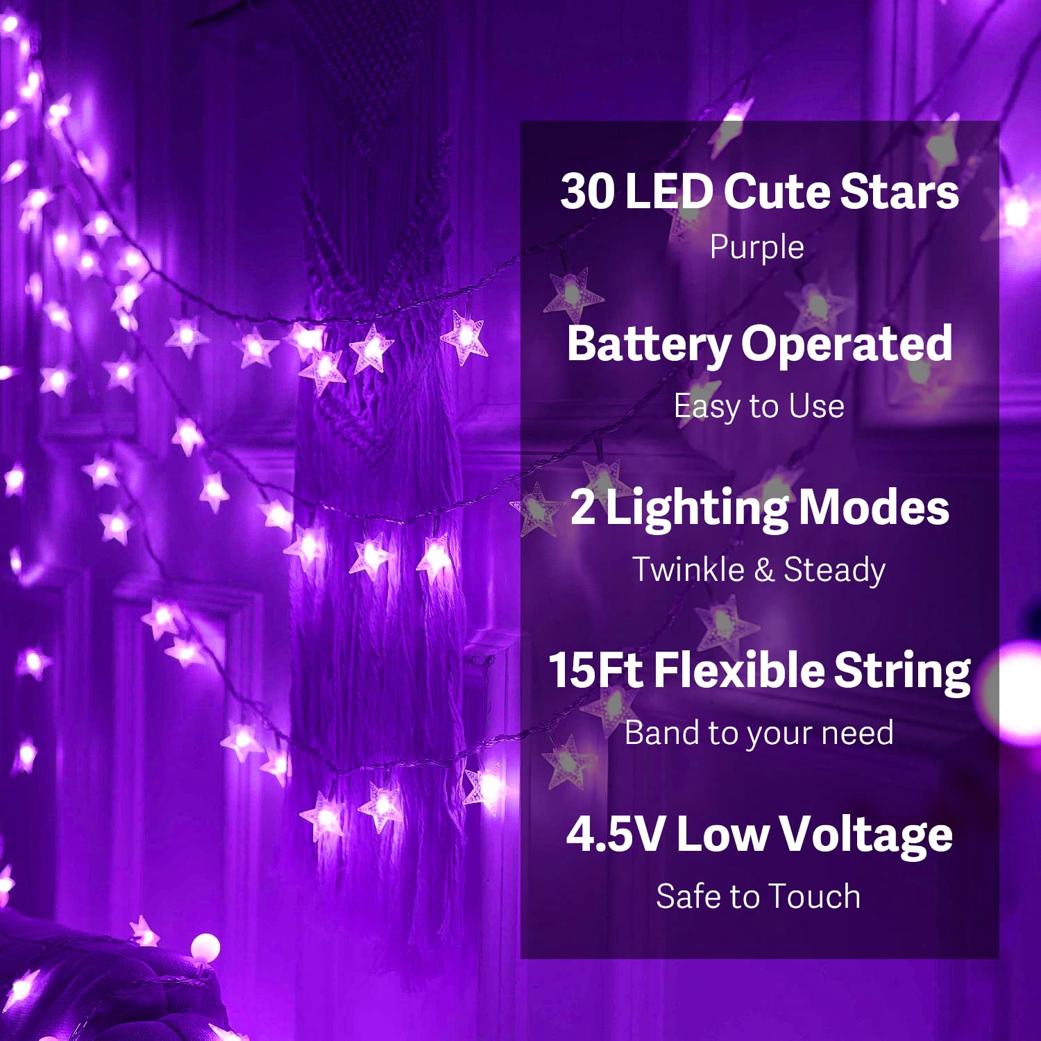 30 LED 15 FT Battery Operated Star Fairy String Lights - Indoor Outdoor Christmas Tree Decorations, Party, Wedding & Garden Lighting (Purple)