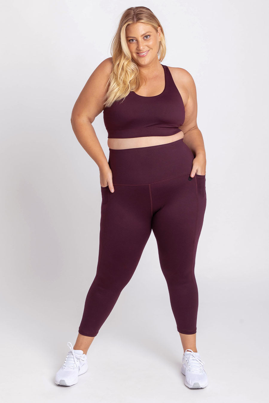 Training Pocket Move 7/8 Leggings for Women - High Waist Yoga Pants with Side Pockets - Wine Red Workout Tights for Running, Gym & Lounge