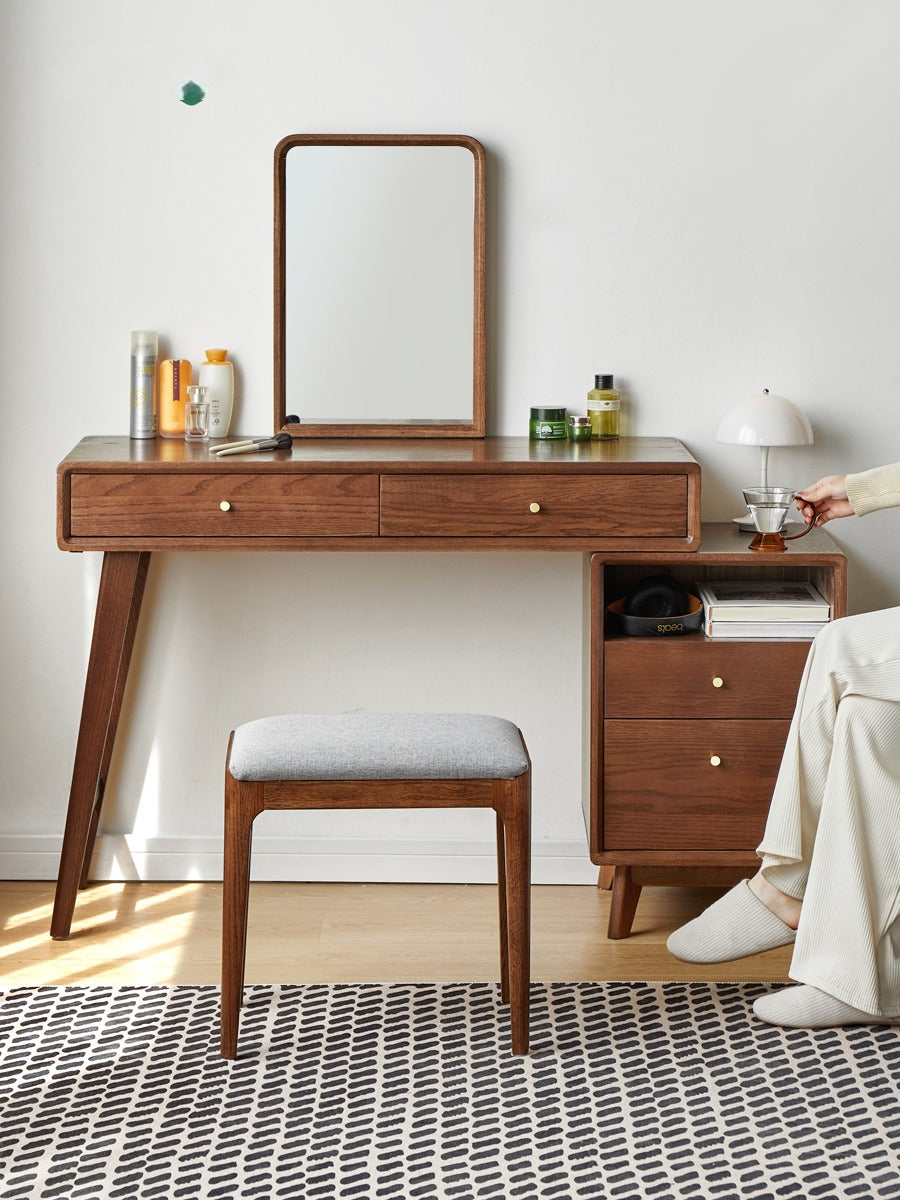 Solid Oak Wood Extendable Dressing Table - Walnut Finish | Elegant Vanity Desk for Bedroom, Makeup Station & Home Decor