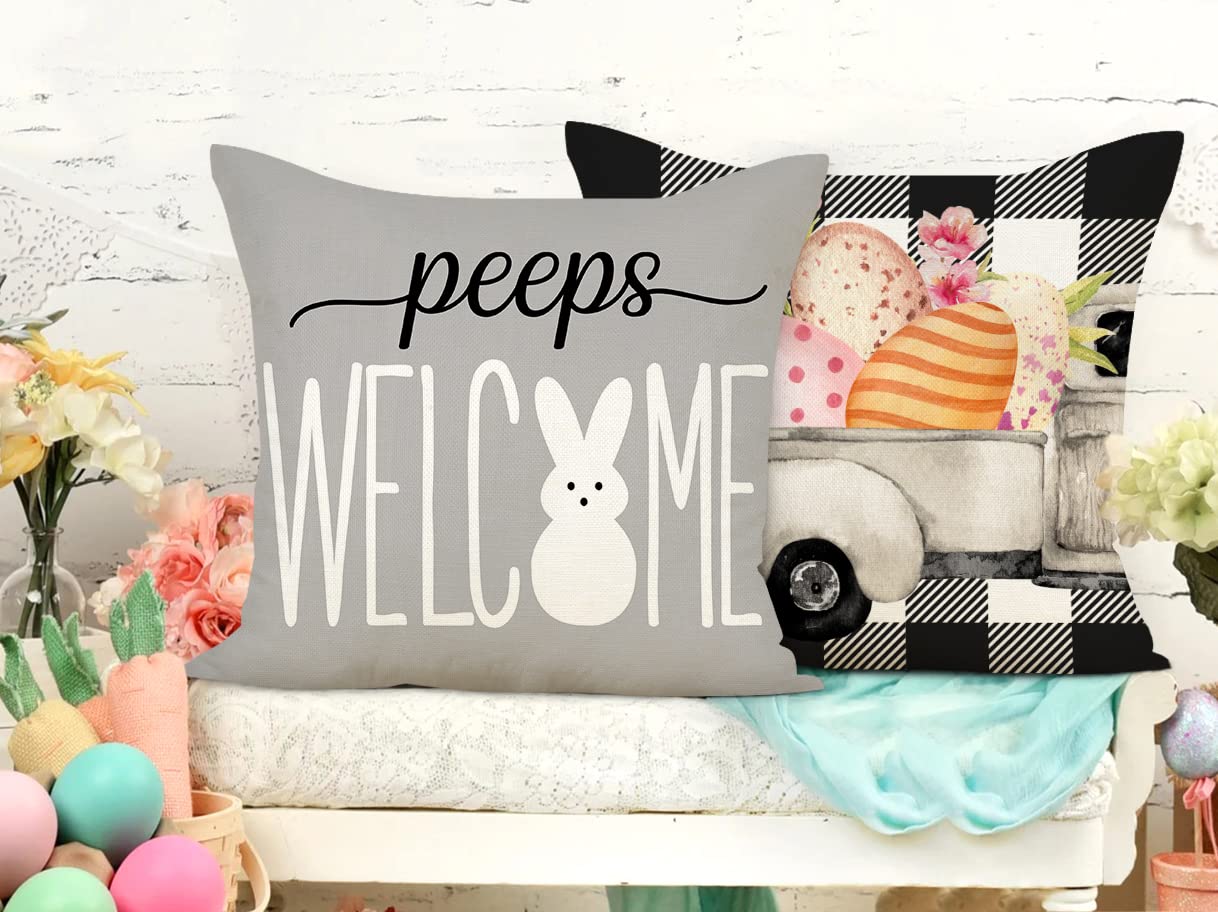 Easter Pillow Covers 18x18 Inch Set of 4 - Spring Farmhouse Decor, Buffalo Plaid Bunny Eggs Throw Pillow Cases for Couch, Sofa & Bedroom - Easter Home Decorations with Welcome Peeps Design TH163