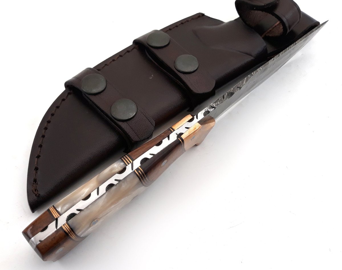 Premium Damascus Steel Hunting Knife with Mother of Pearl Inlay, Exotic Rosewood & Copper Handle - Perfect for Outdoor Adventures, Camping, and Survival Gear