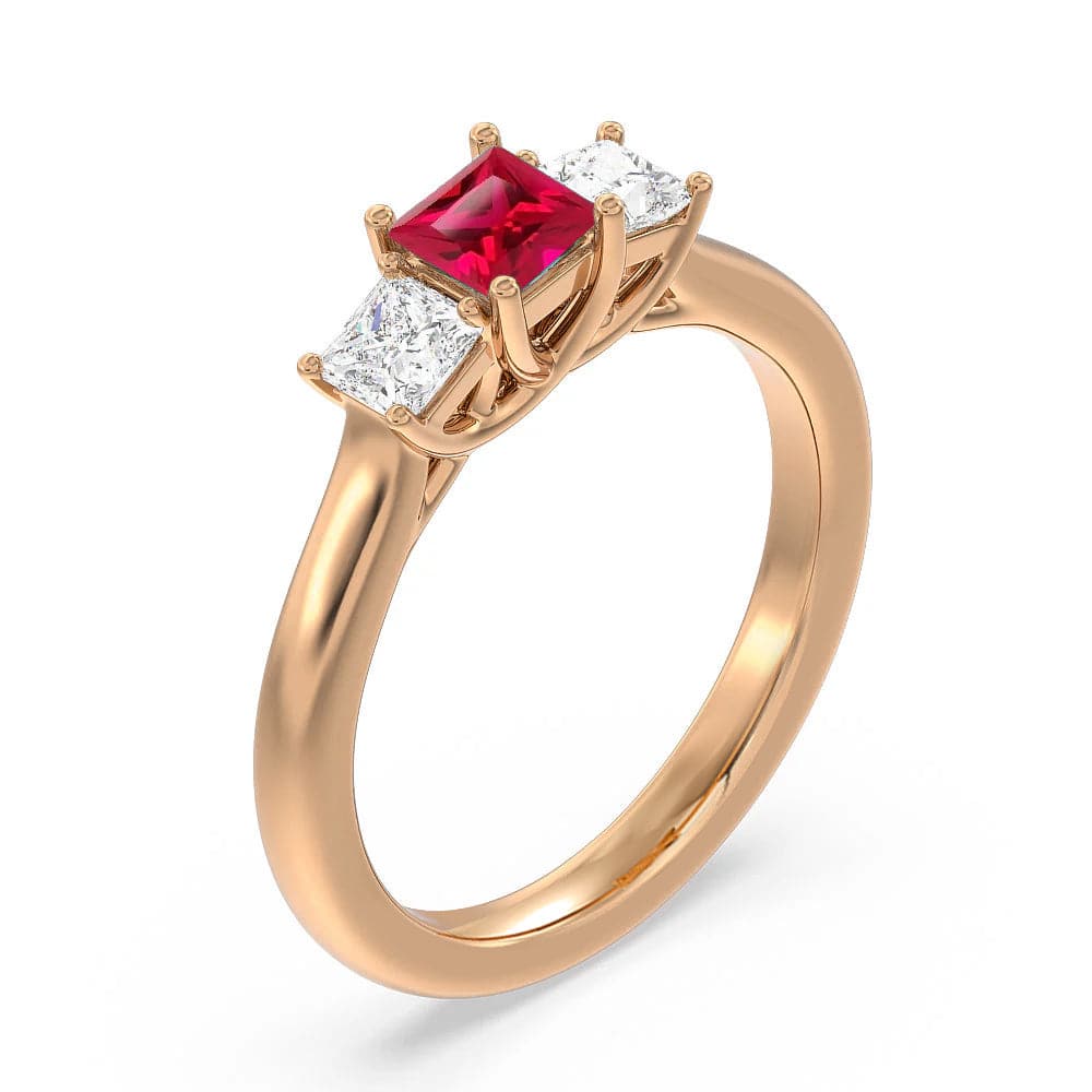 Exquisite Lab-Grown Ruby & Princess Cut Diamond Three-Stone Ring for Women | Elegant Engagement, Wedding, Anniversary Jewelry Gift