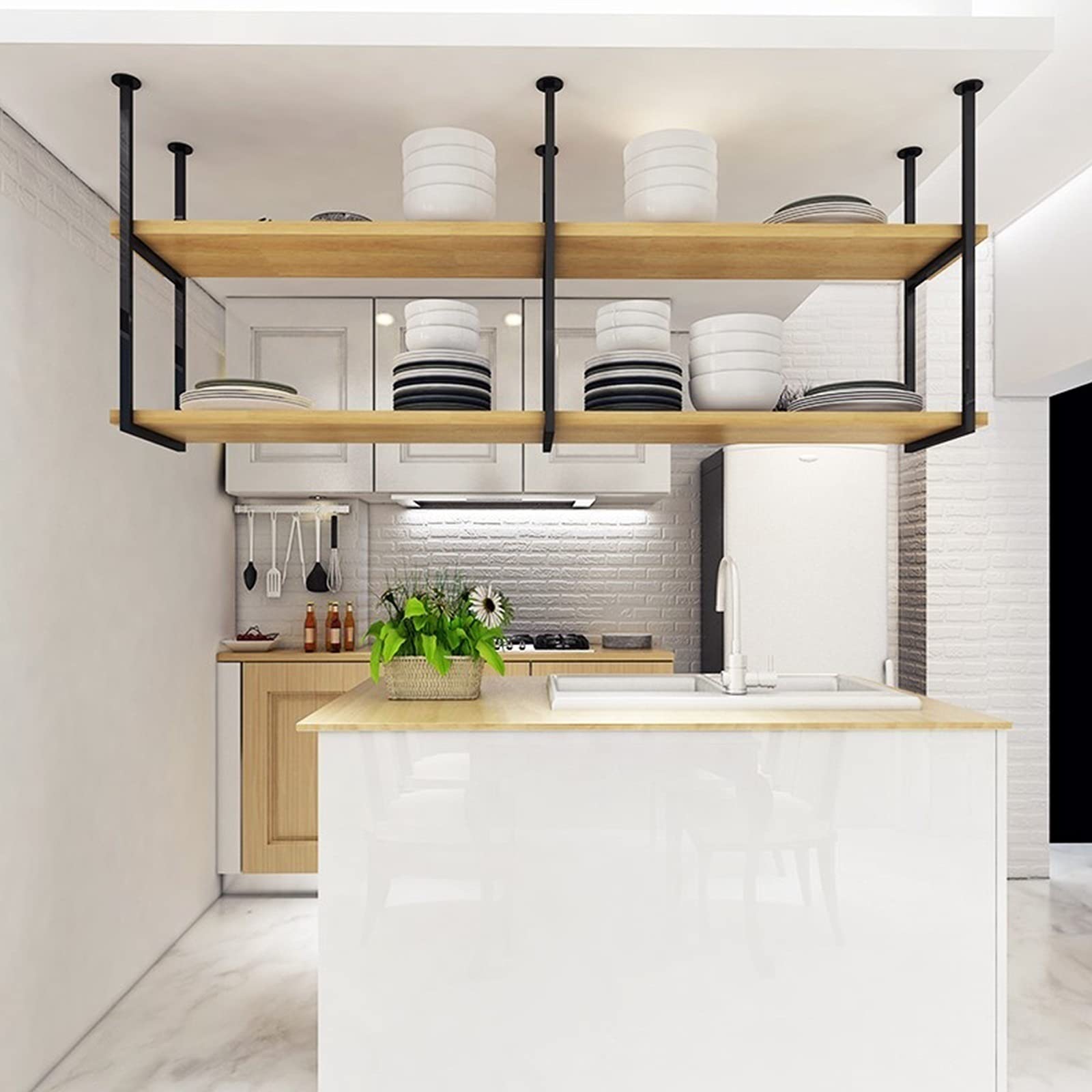 Black Ceiling-Mounted Floating Shelf - 120x30x80cm (47x12x31 inch) Multi-Purpose Hanging Storage for Wine, Books, Plants & Decor - Perfect for Kitchen, Bedroom, Bar & Living Room Wall Organization