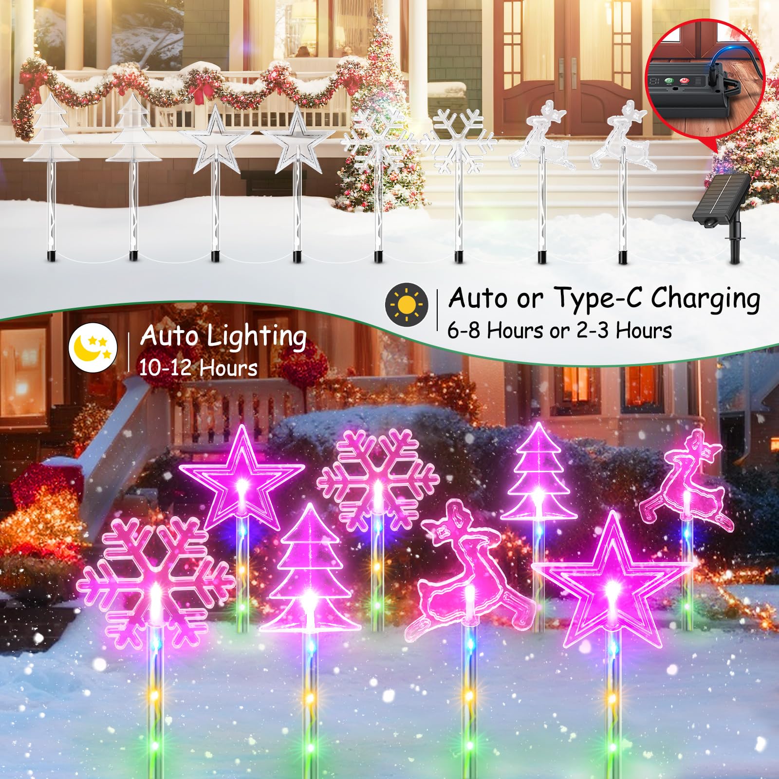 8 Pack Solar Christmas Lights Outdoor - 32 LED Waterproof Holiday Decorations with 10 Lighting Modes (4 Shapes) - Perfect for Pathway, Yard, Garden, and Porch Decor