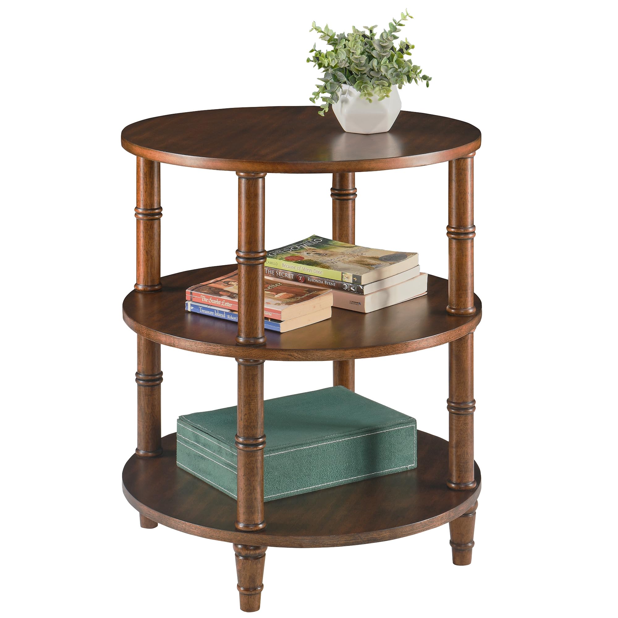 LEEMTORIG 3-Tier Round End Side Table with Storage Shelf - Solid Wood Nightstand, Mid-Century Modern Bedside Table for Bedroom, Living Room, Office - Easy Assembly Walnut Brown - Perfect for Small Spaces, Apartment Decor & Reading Nook Accessories