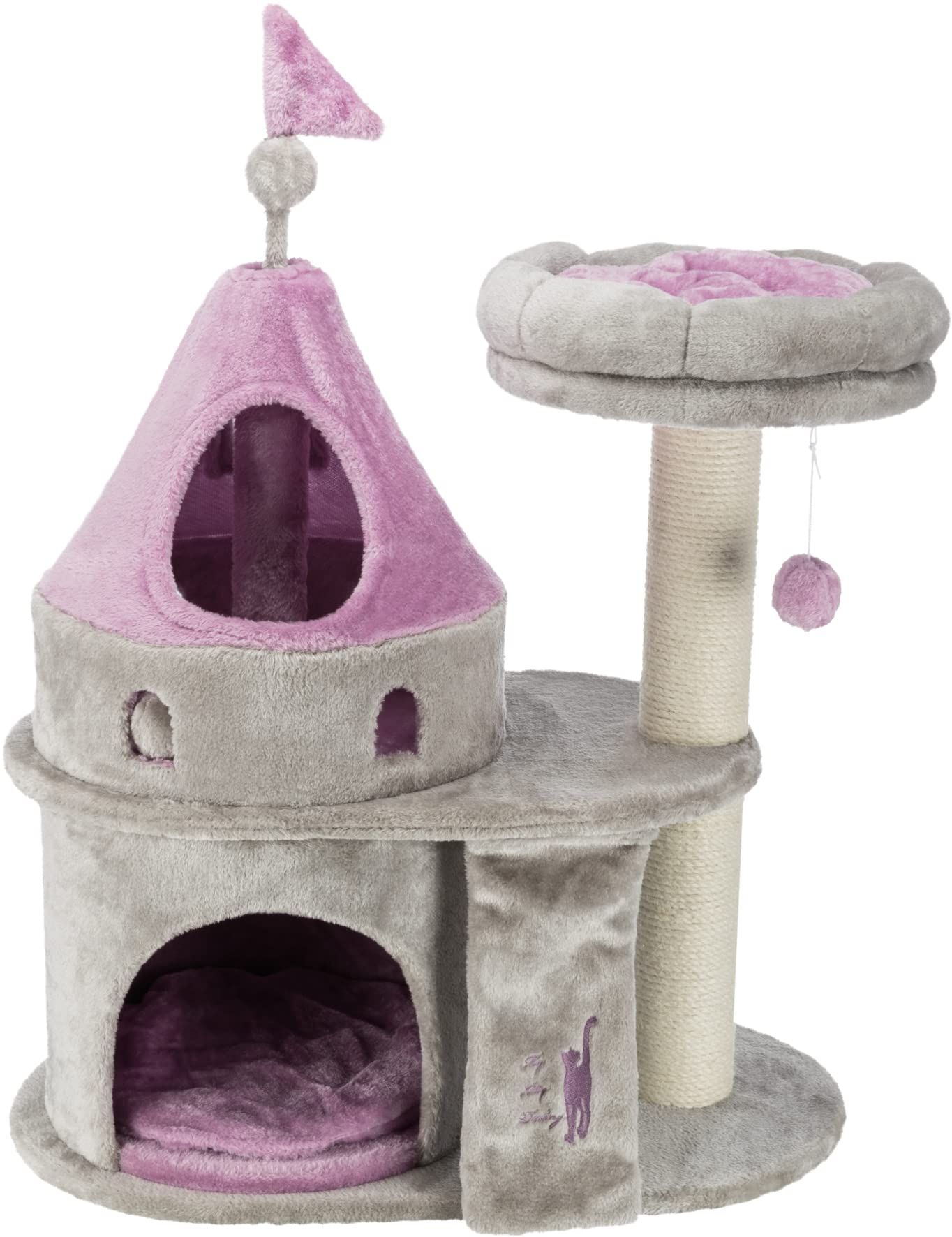 TRIXIE My Kitty Darling Castle Cat Condo with Scratching Posts - Large Gray/Pink Pet Furniture with Removable Bed, Play Blanket & Dangling Pom-Pom | Perfect for Indoor Play, Climbing, Scratching & Napping for Cats